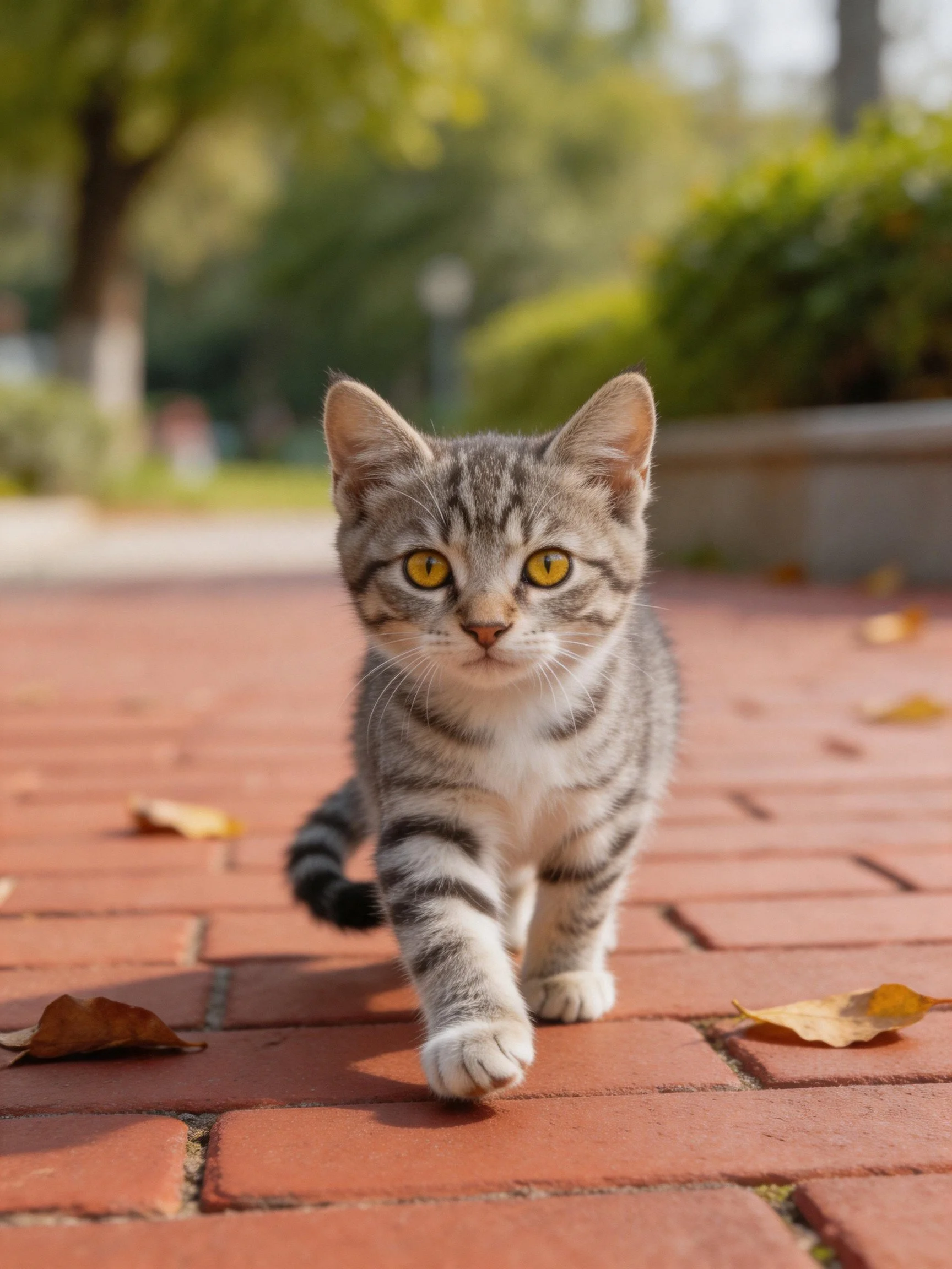 A gray tabby kitten with bright yellow eyes approaches on a red brick path lined with leaves.