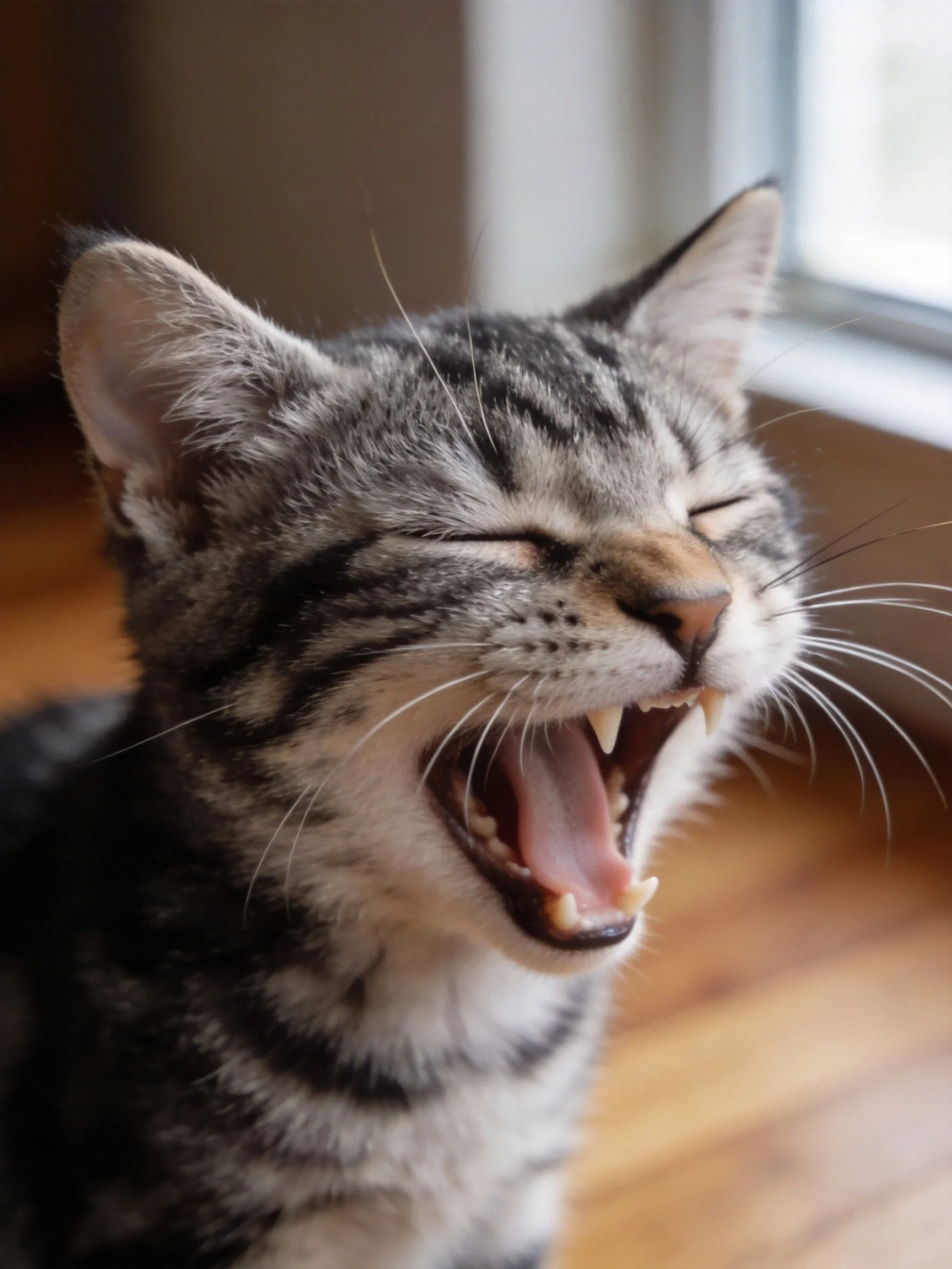 Gray tabby kitten yawning by bright window with wooden floors