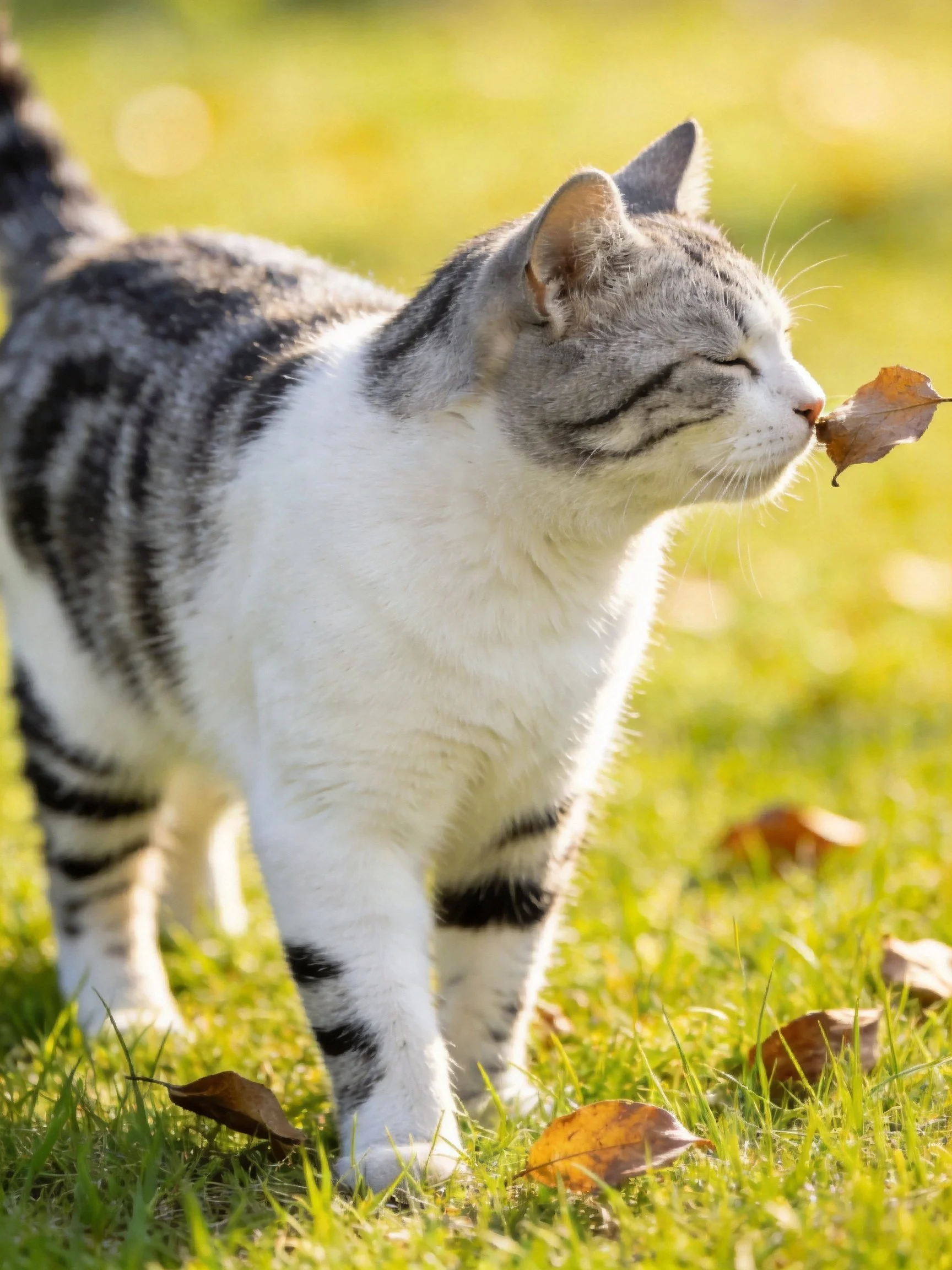 Grayand white tabby cat sniffs a leaf on green grass