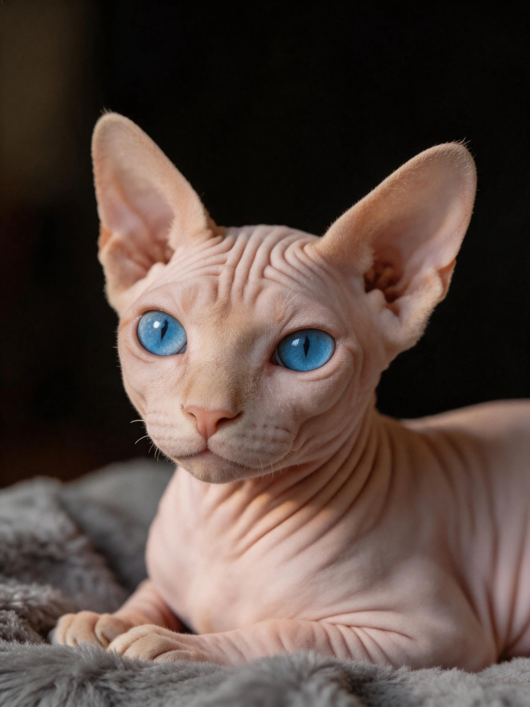 Hairless Sphynx cat with bright blue eyes
