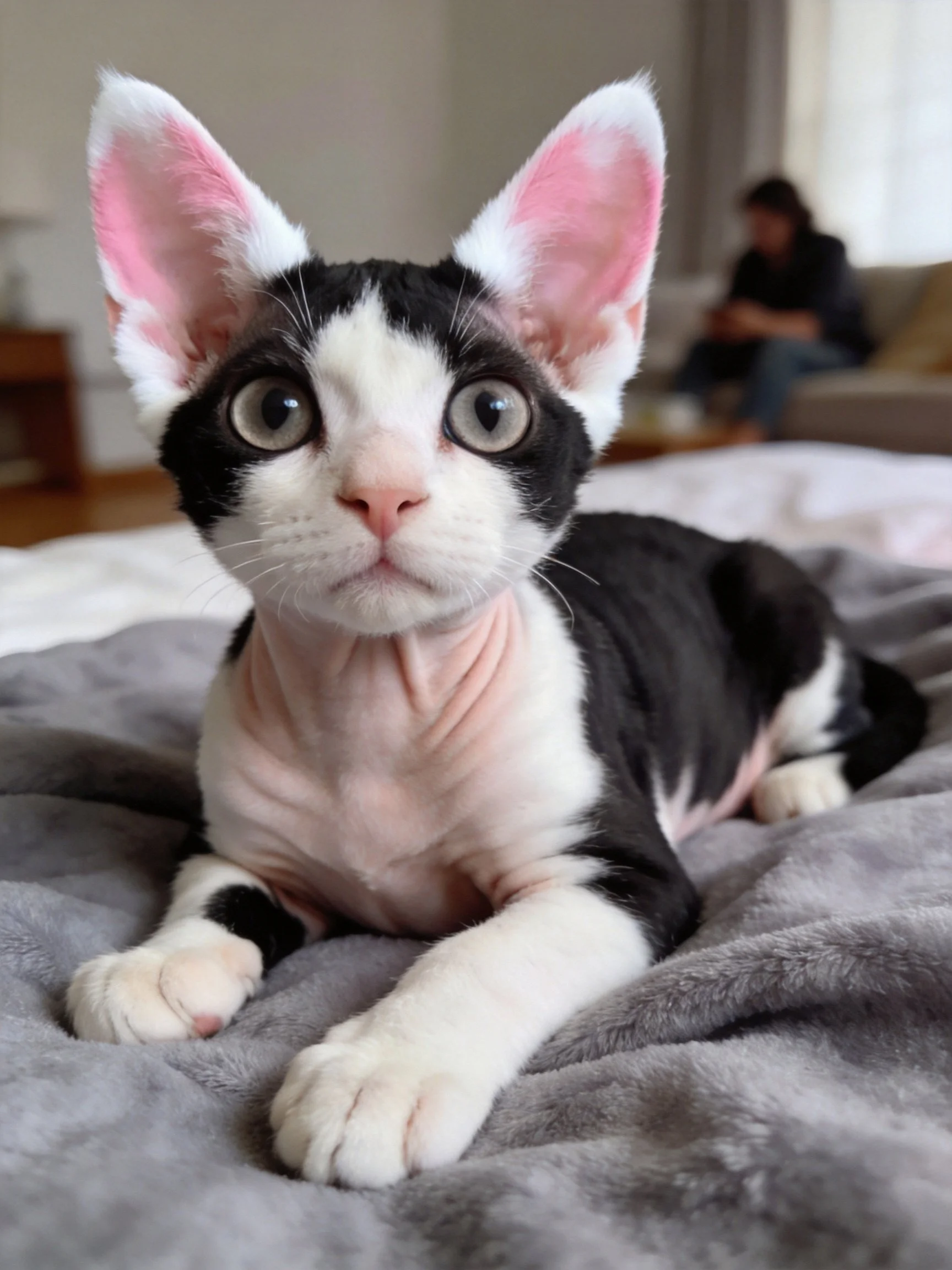 Hairless black and white cat with large pink ears on gray blanket