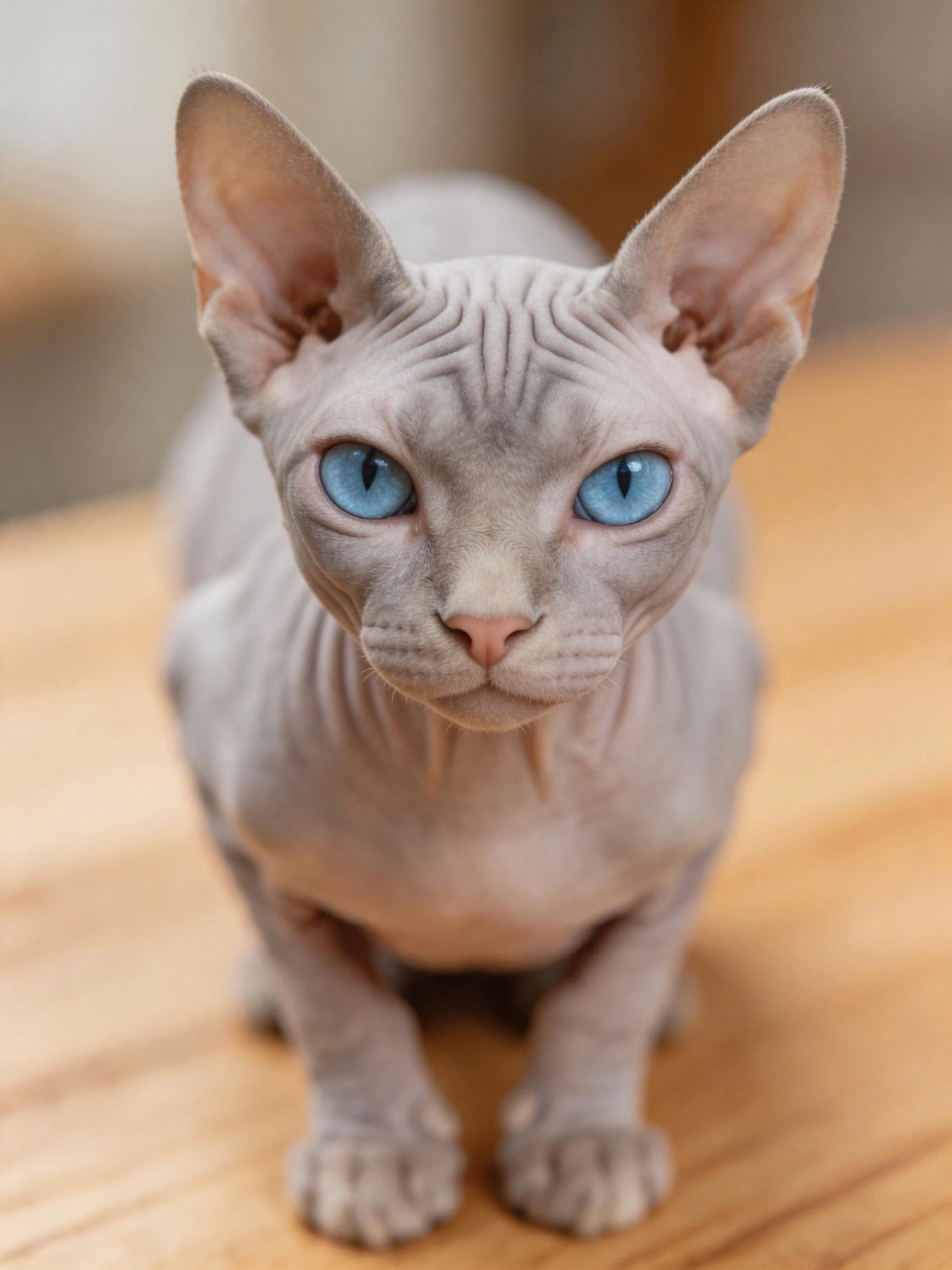 Hairless gray Sphynx cat with bright blue eyes on wood