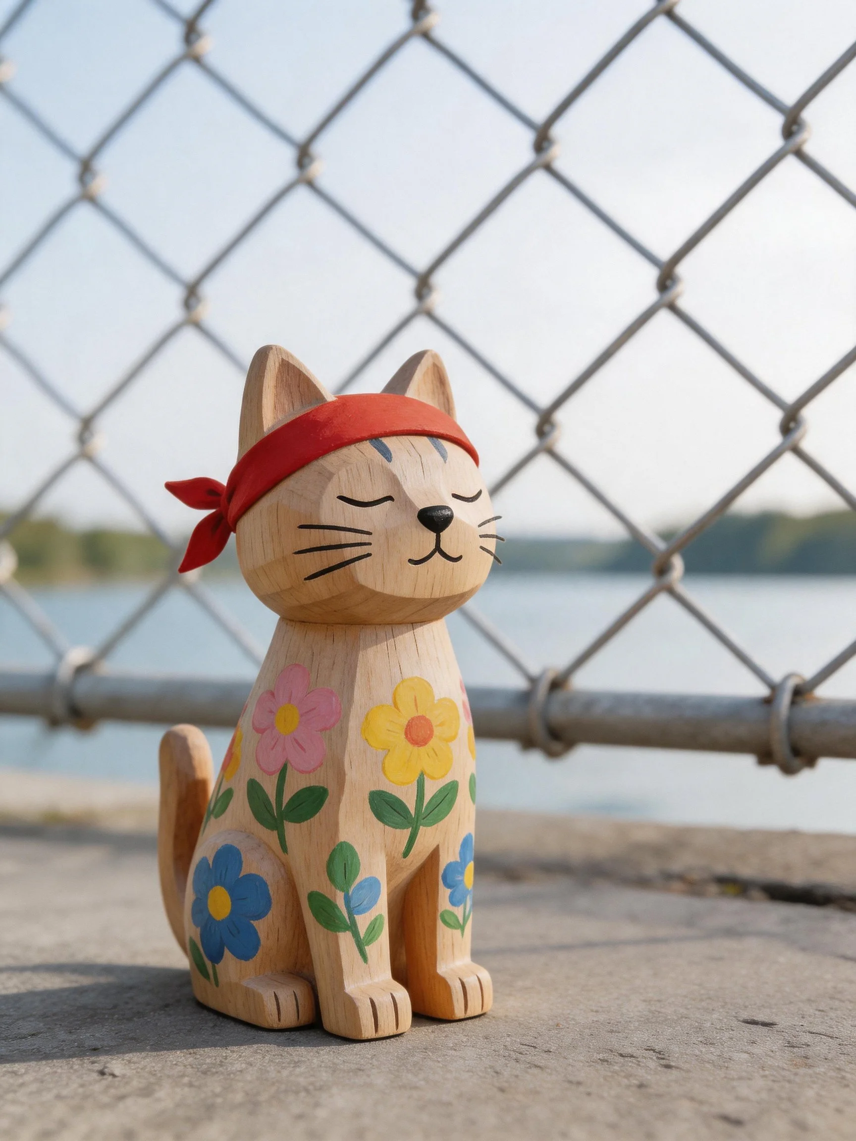 A hand-painted wooden cat figurine with colorful flowers and red headband sits by a chain-link fence near water.