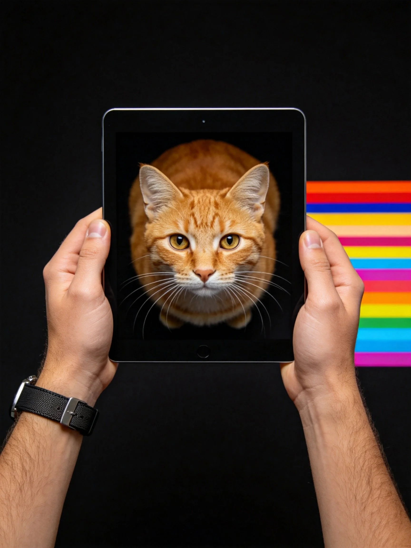 Hands hold tablet showing orange cat, rainbow stripes on black backdrop.
