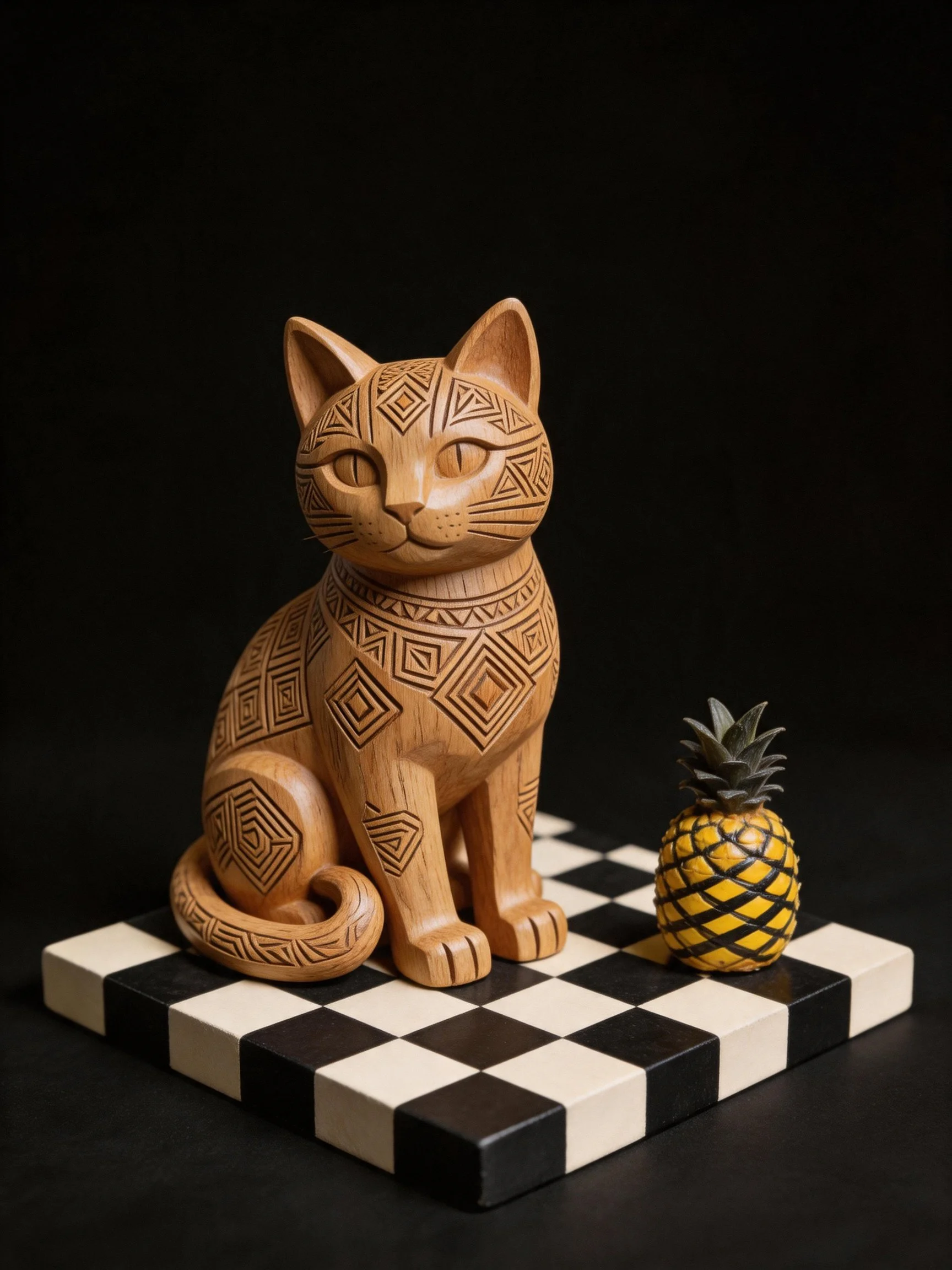 An intricately carved wooden cat and a miniature pineapple sit on a checkered board.