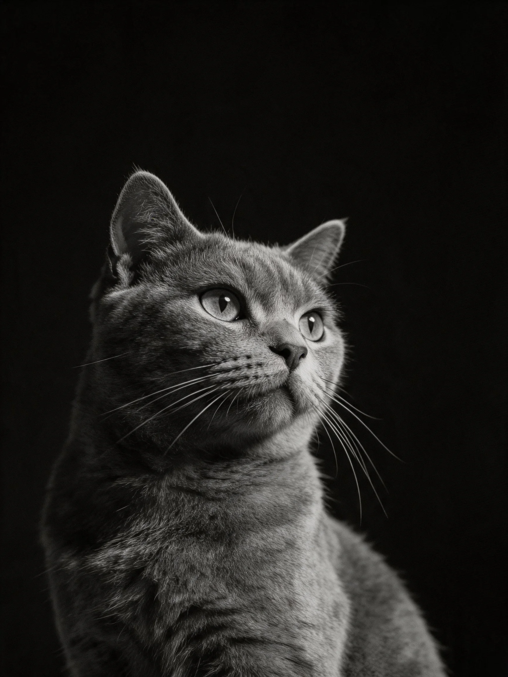 A gray cat is captured in a dramatic monochrome photograph with focused lighting.