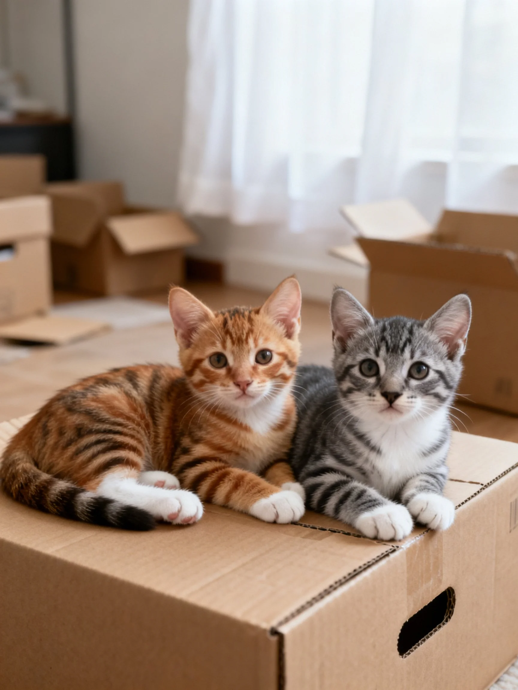 Orange and Gray Tabby Kittens Rest on Cardboard Box Among Moving Boxes