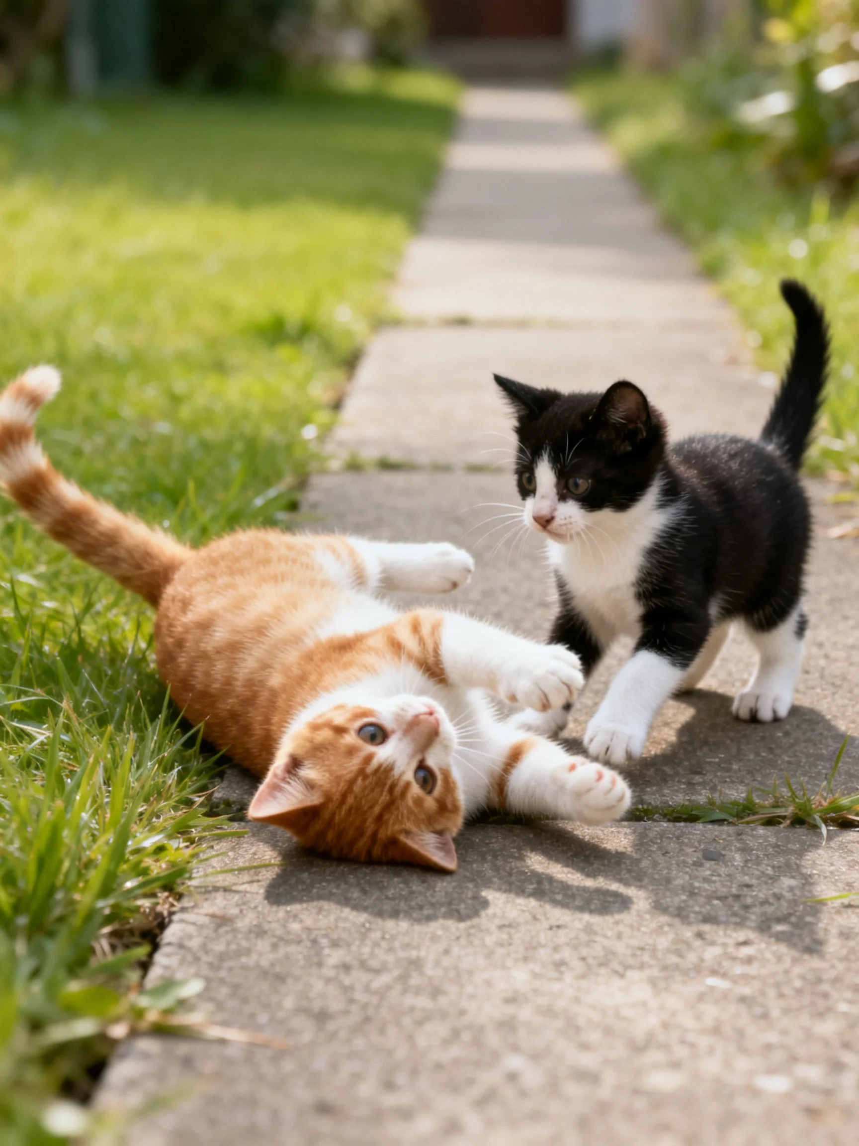 Two kittens interact playfully on a sunlit sidewalk near grass
