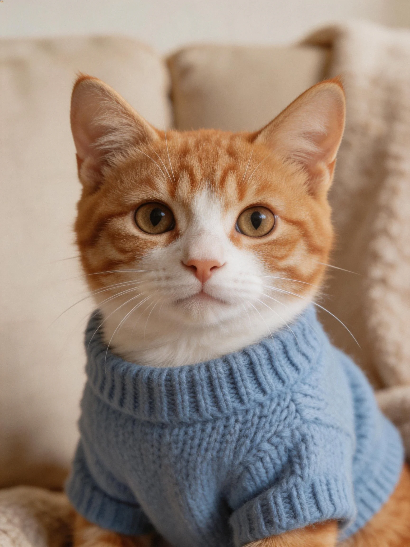 Orange and white cat in blue knitted sweater