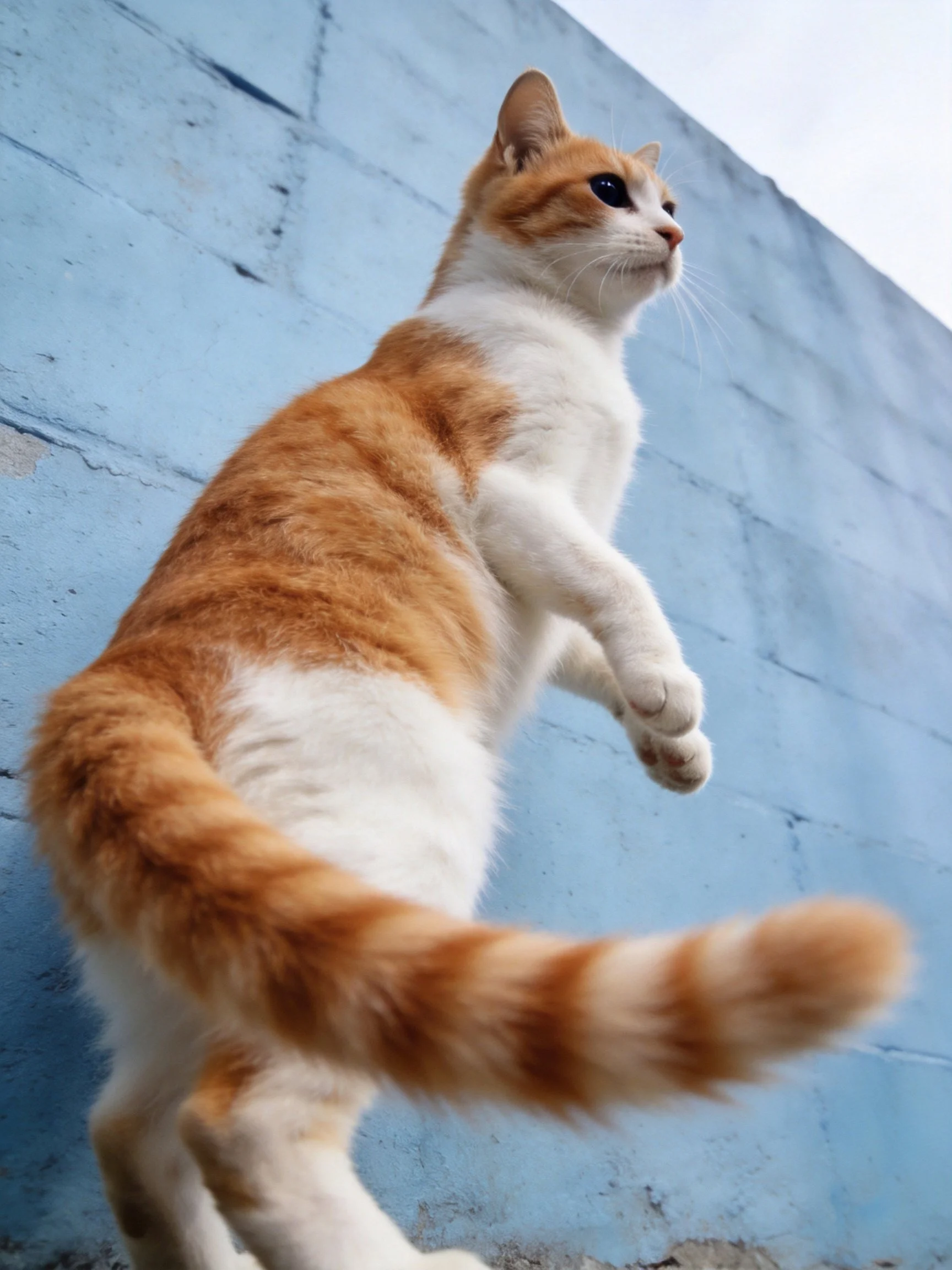 Orange and white cat leaps against textured blue concrete wall