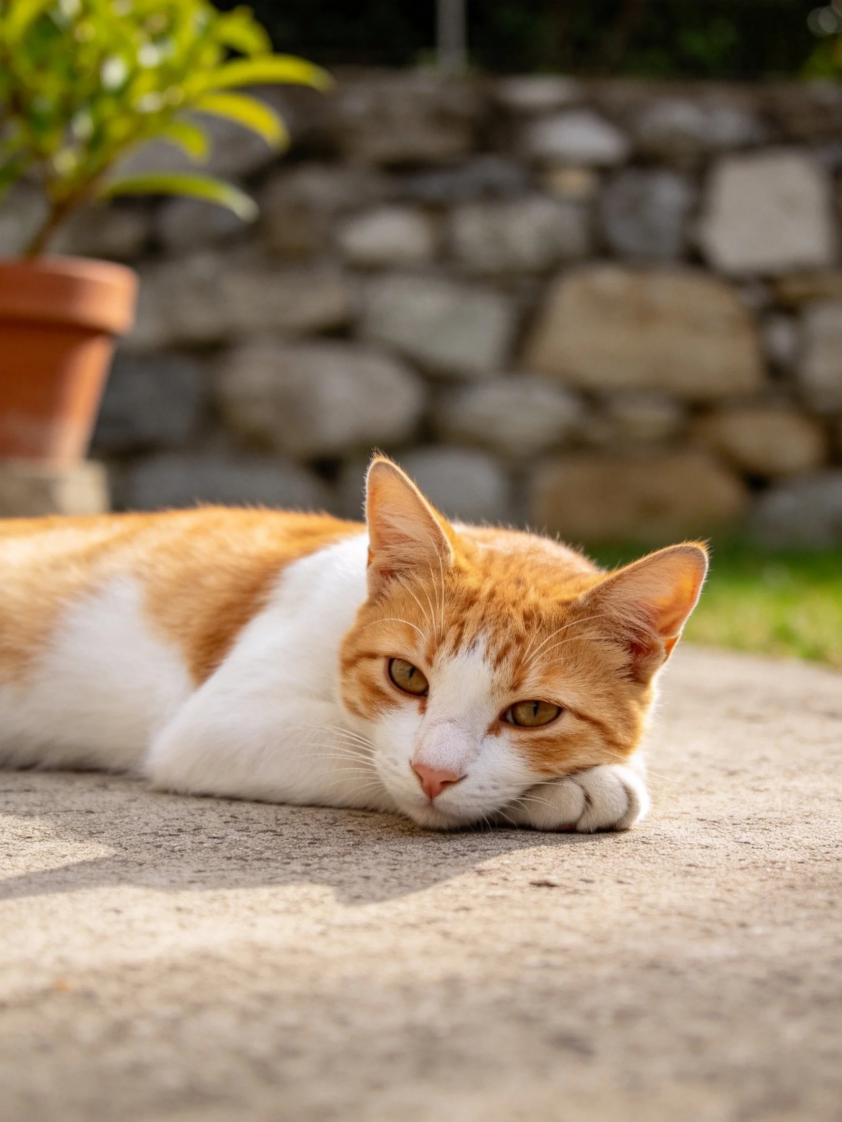 Orange and white cat lounging near stone wall with terracotta plant