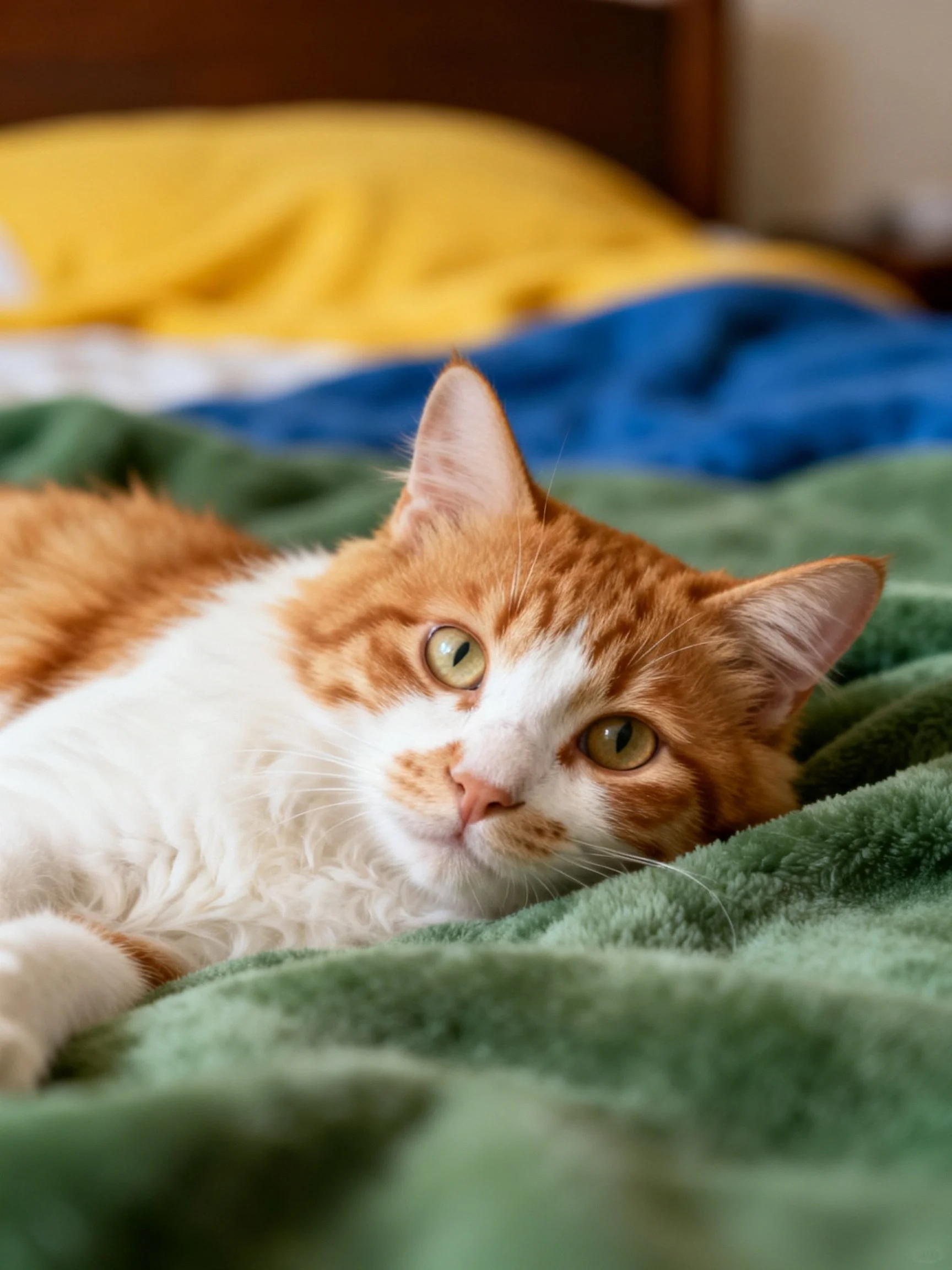 Orange and white cat lounging on green blanket with yellow and blue bedding