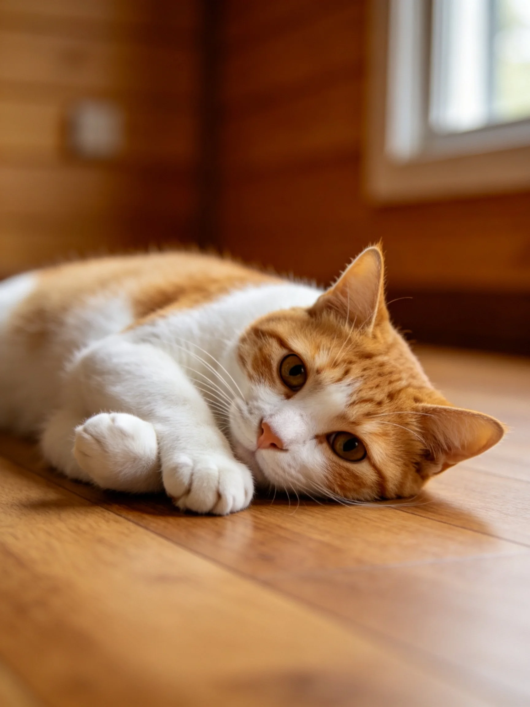 Orange and white cat lounging on polished wooden flooring in a cozy interior.