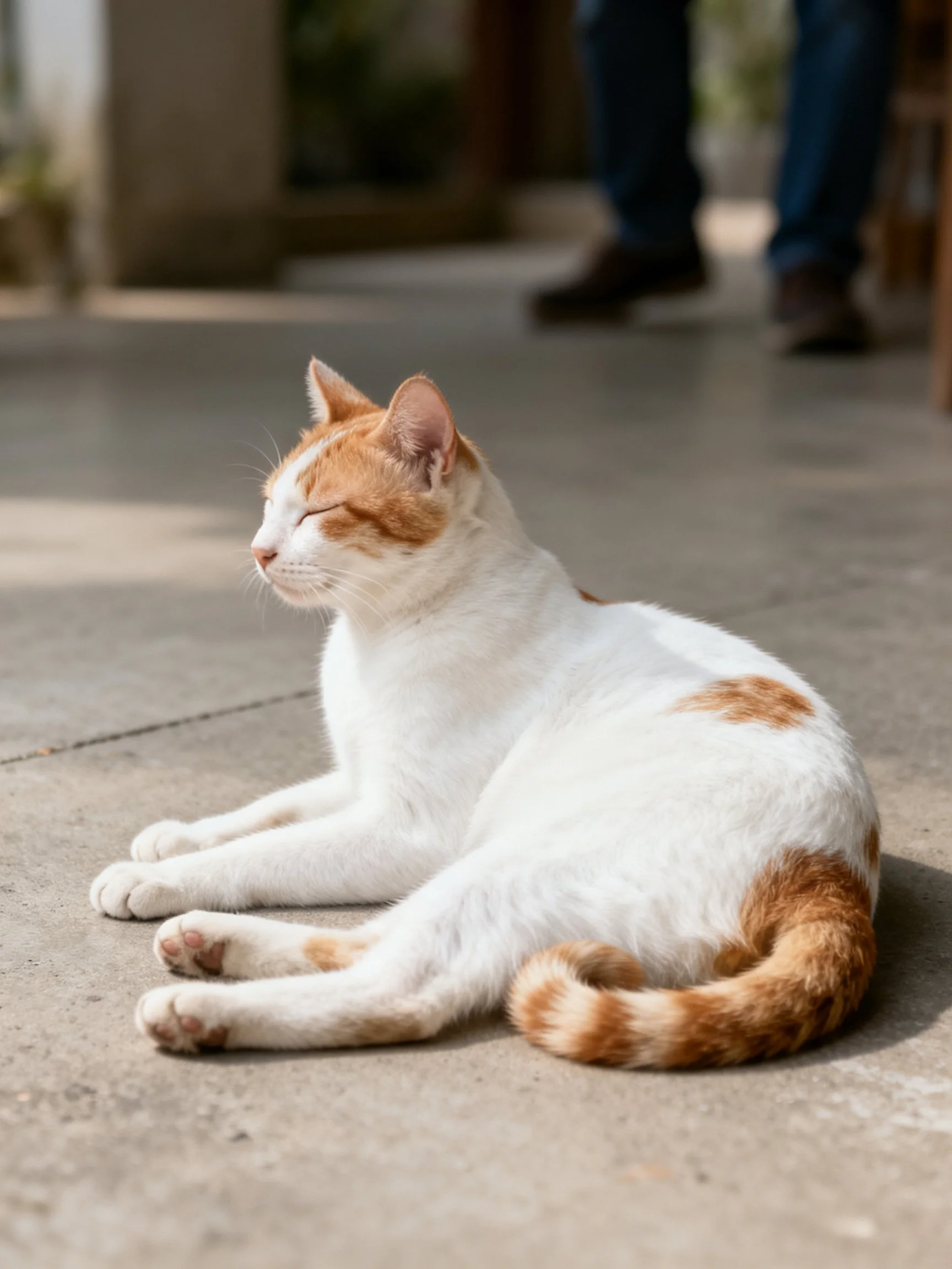 Orange and white cat lounging on smooth concrete