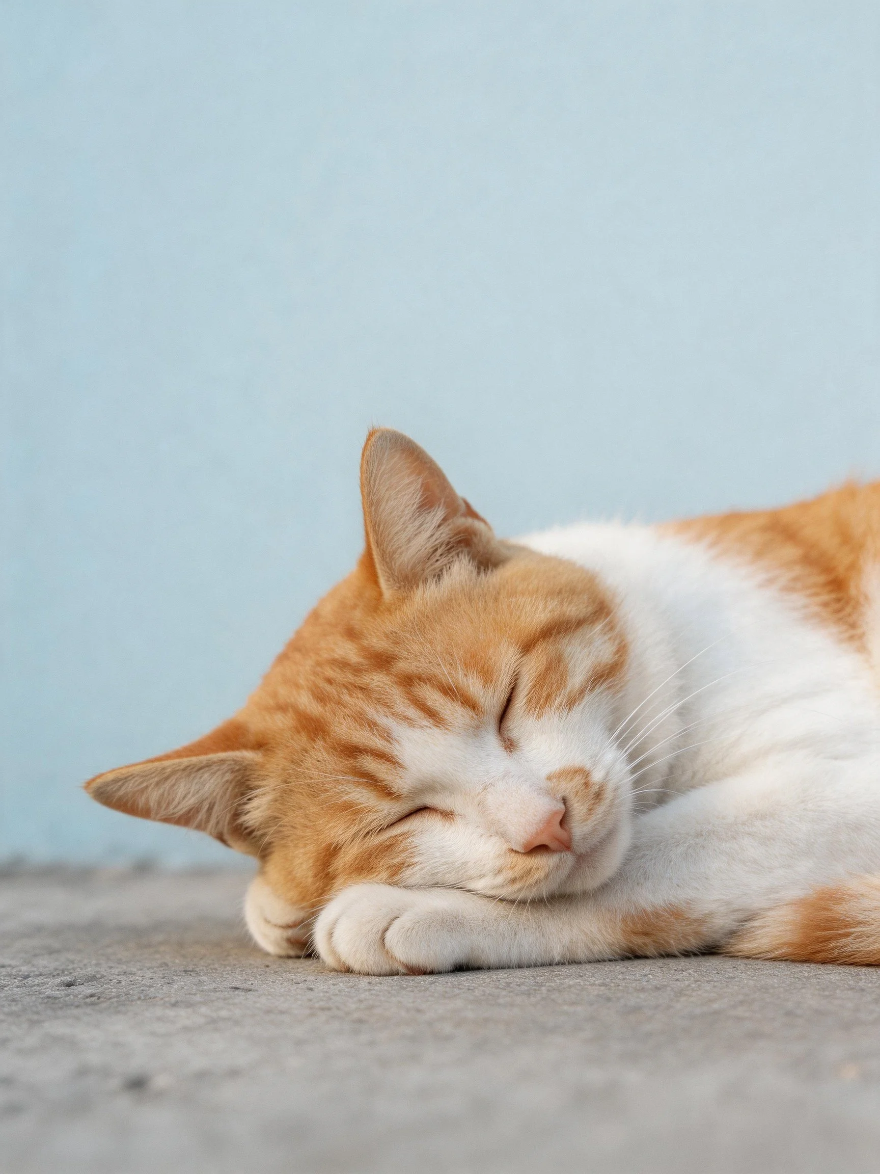 Orange and white cat naps on gray concrete