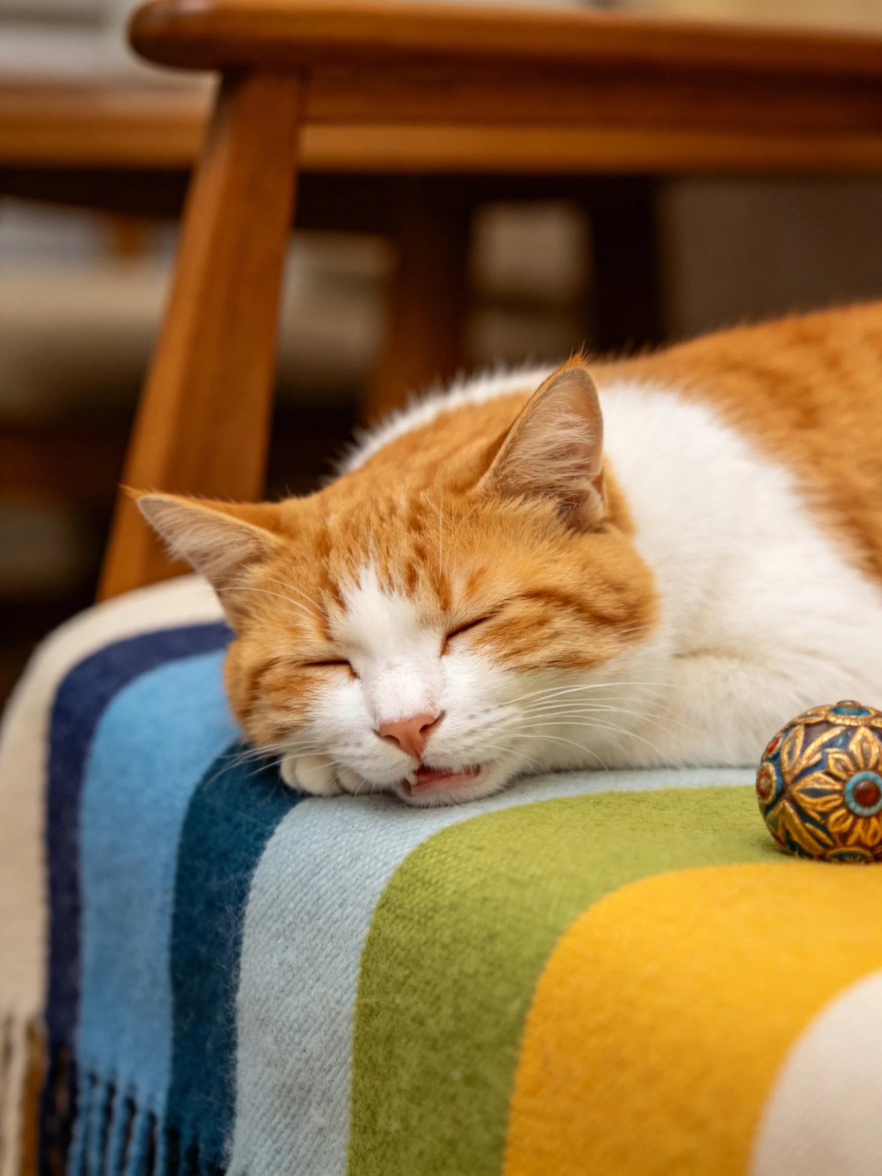 Orange and white cat naps on multicolored striped blanket beside wooden furniture