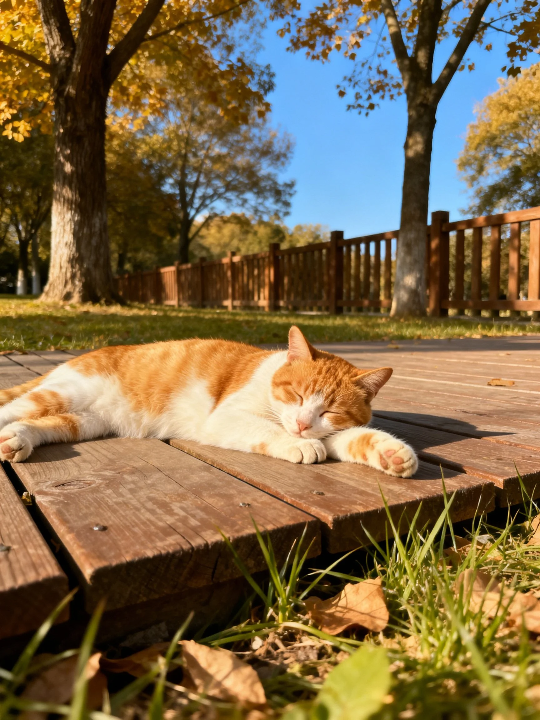 An orange-and-white cat sleeps on a wooden deck in a sunlit autumn park.