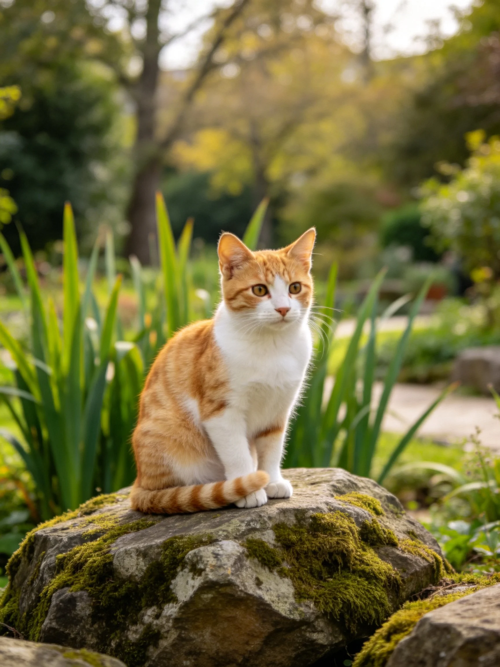 Orange and white cat on moss-covered rock in garden