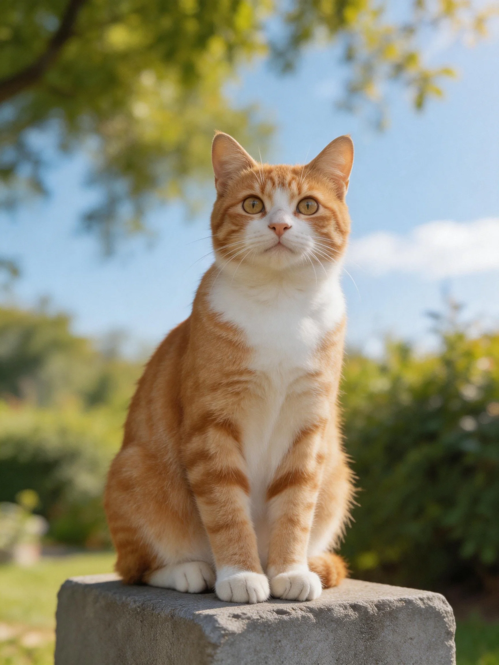 Orange and white cat on stone block in sunny garden