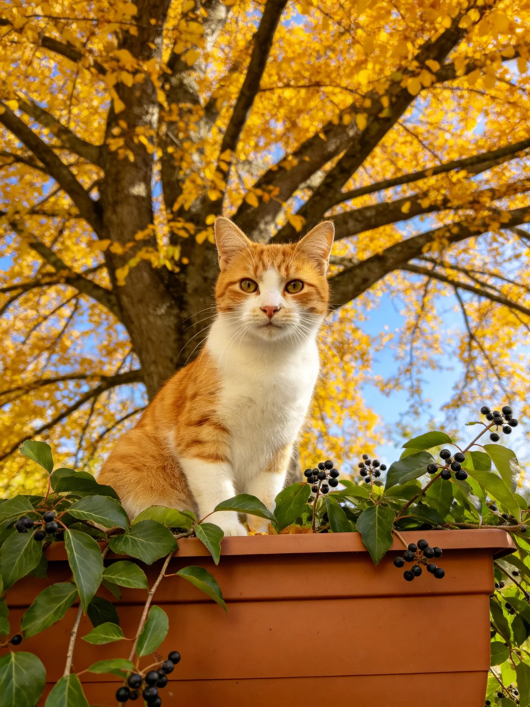 Orange and white cat on terracotta planter by golden autumn tree