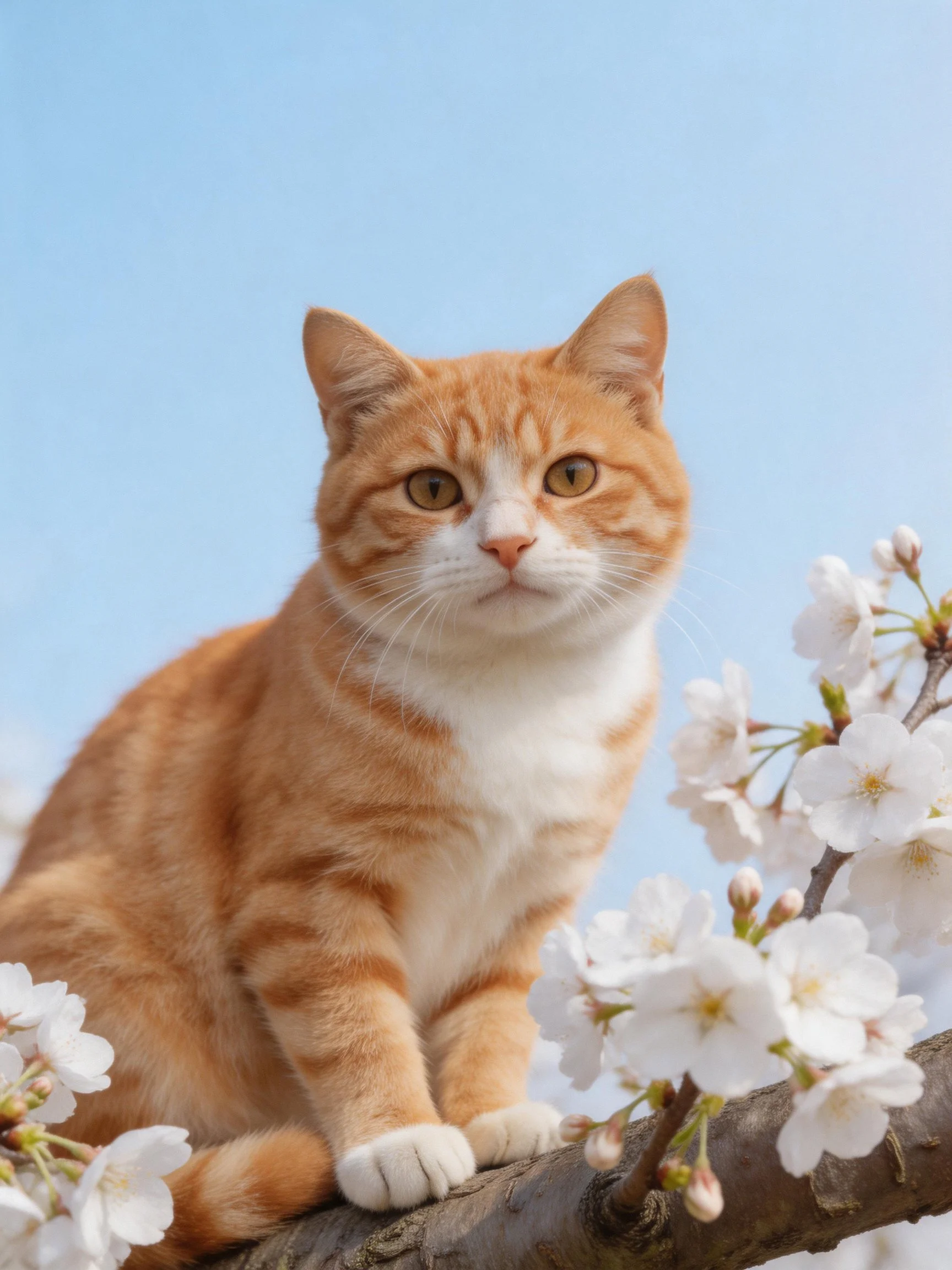 An orange and white cat sits calmly among cherry blossoms.