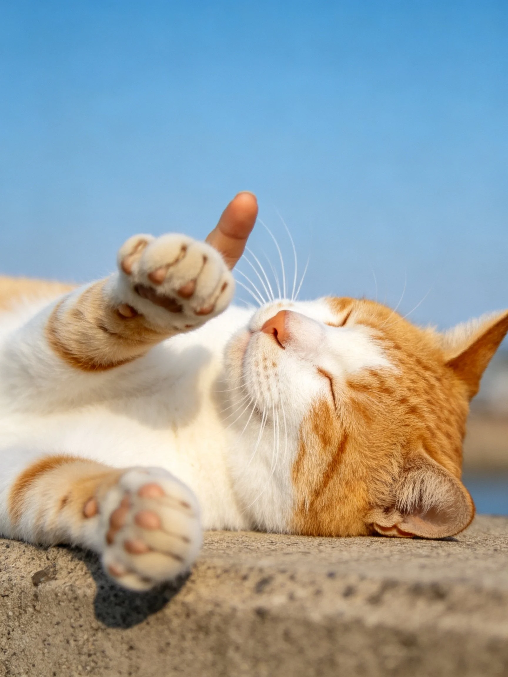 Orange and white cat reaches toward finger on concrete ledge under blue sky