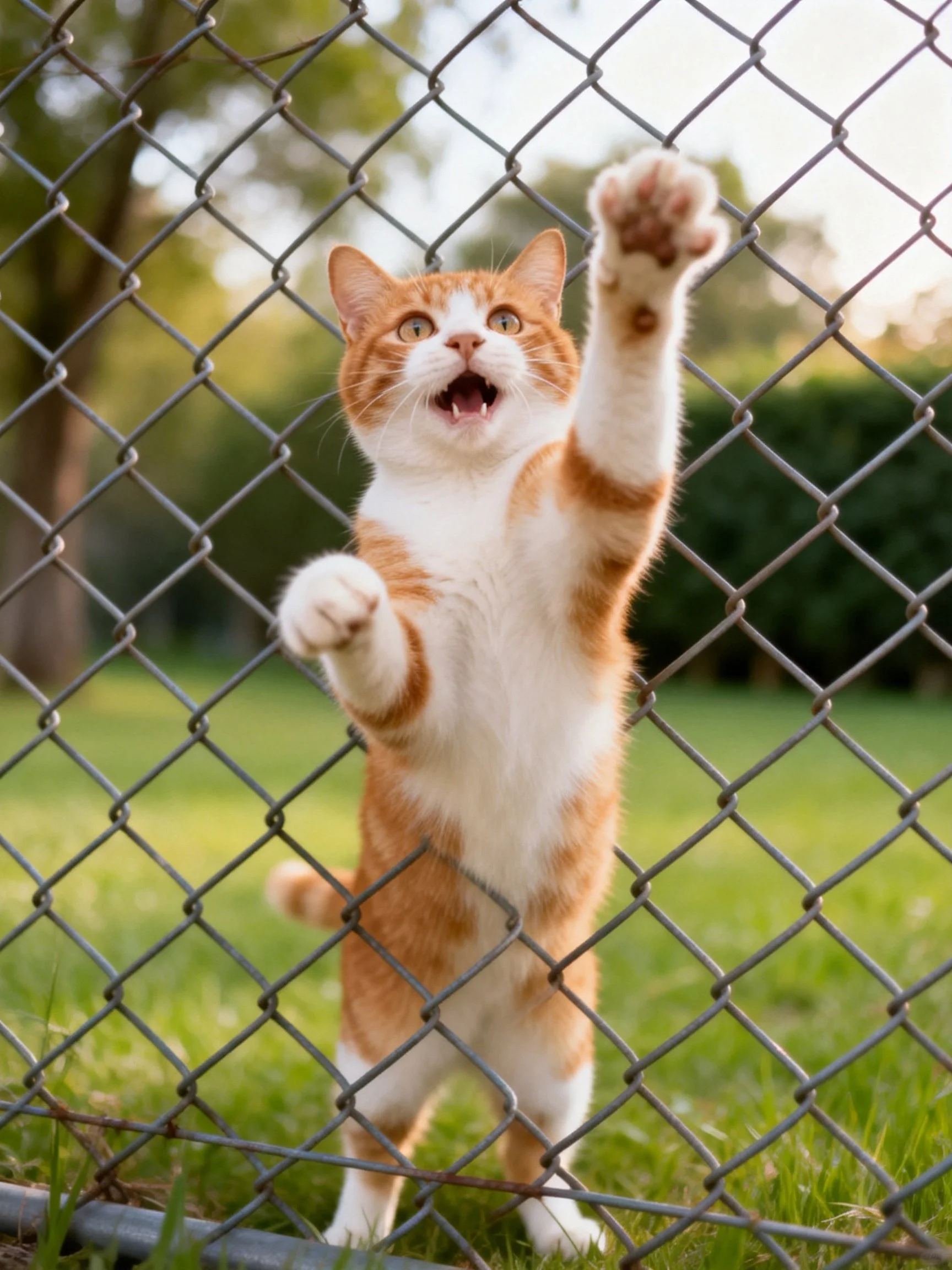 An orange and white cat tries to reach through a chain-link fence in a sunny outdoor area.