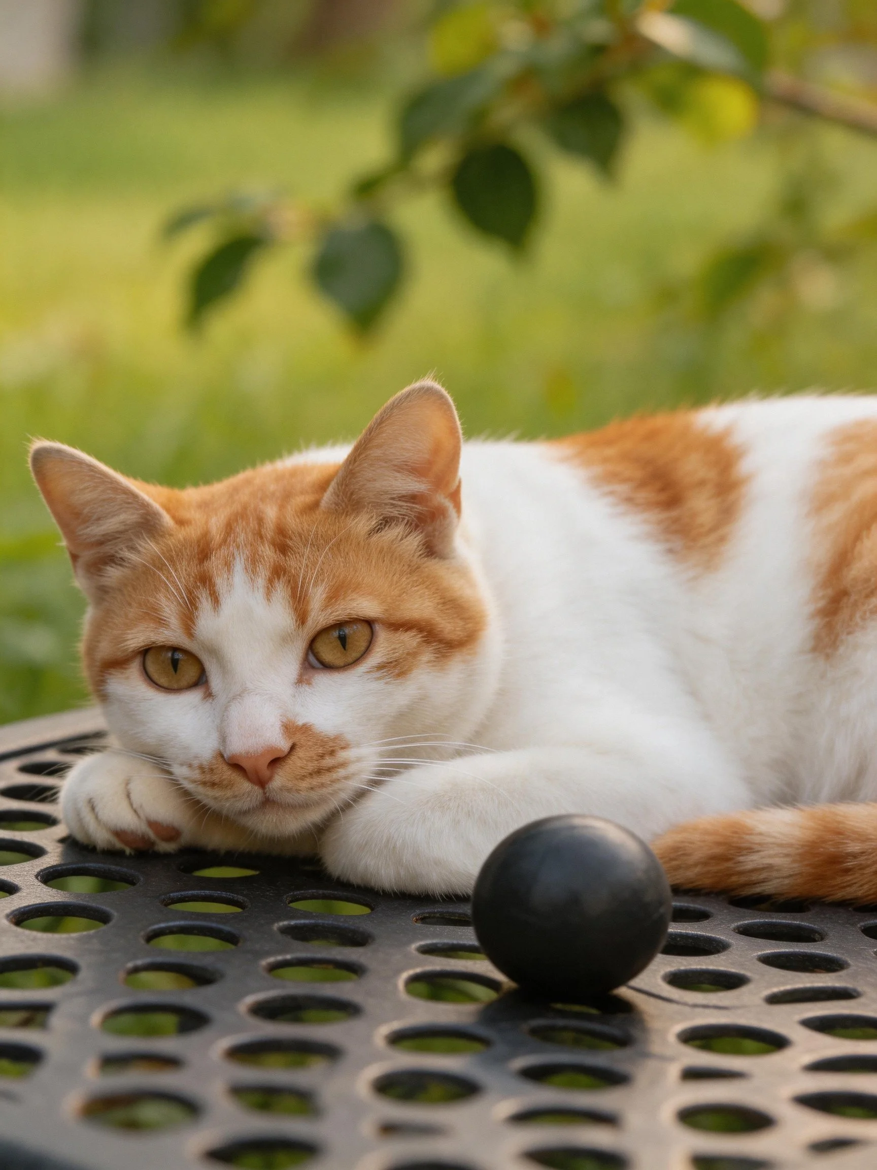 An orange and white cat relaxes beside a black ball on an outdoor table.