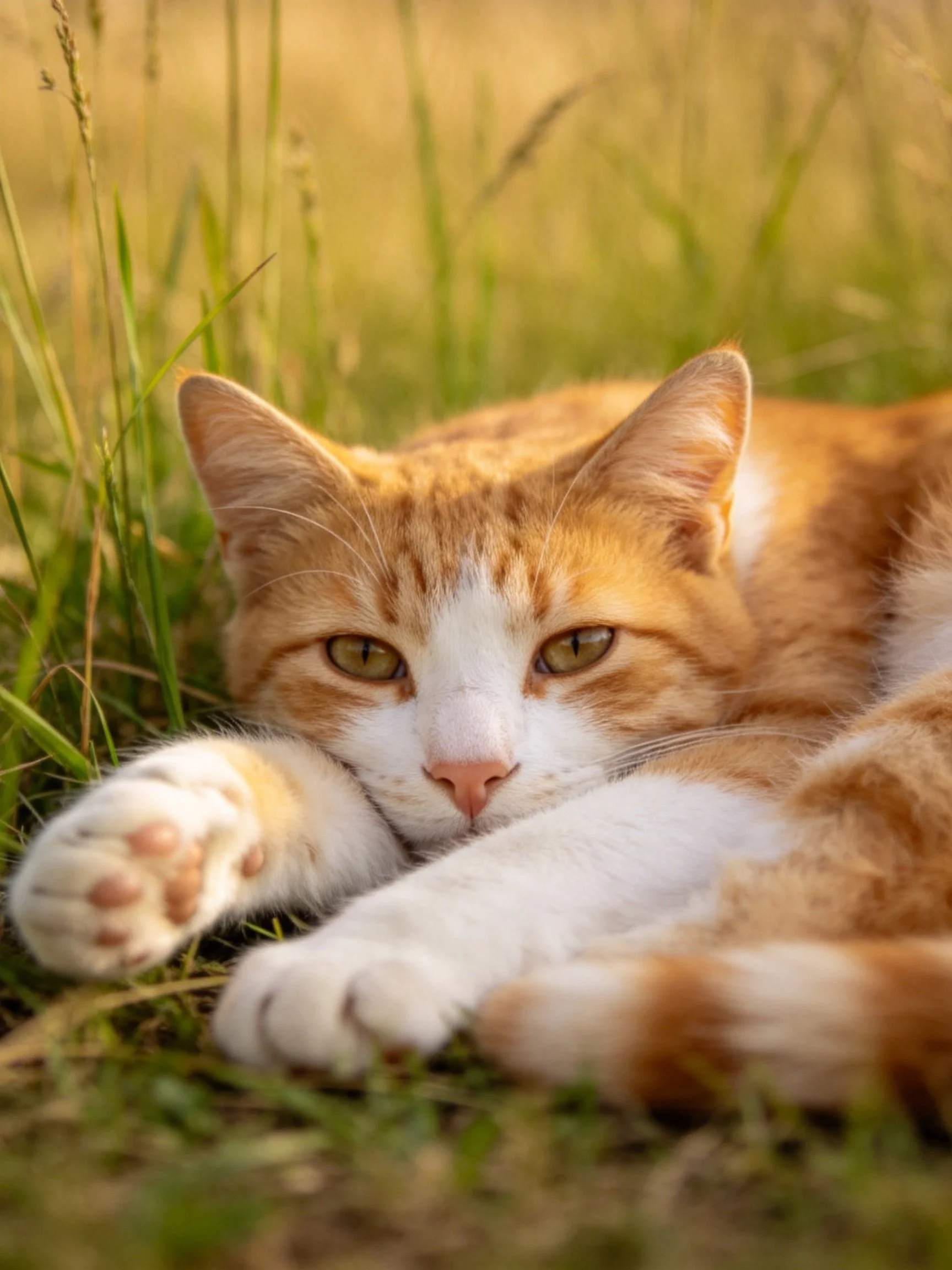 An orange and white cat relaxes in sunlit grass.