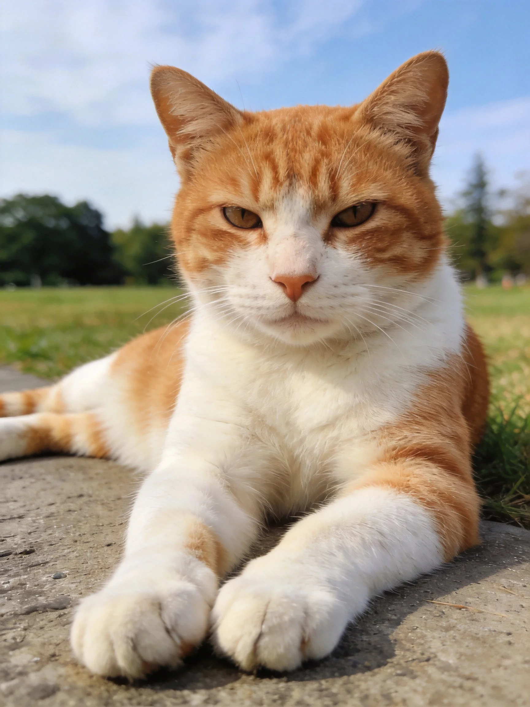 An orange and white cat rests peacefully on a concrete area beside grass