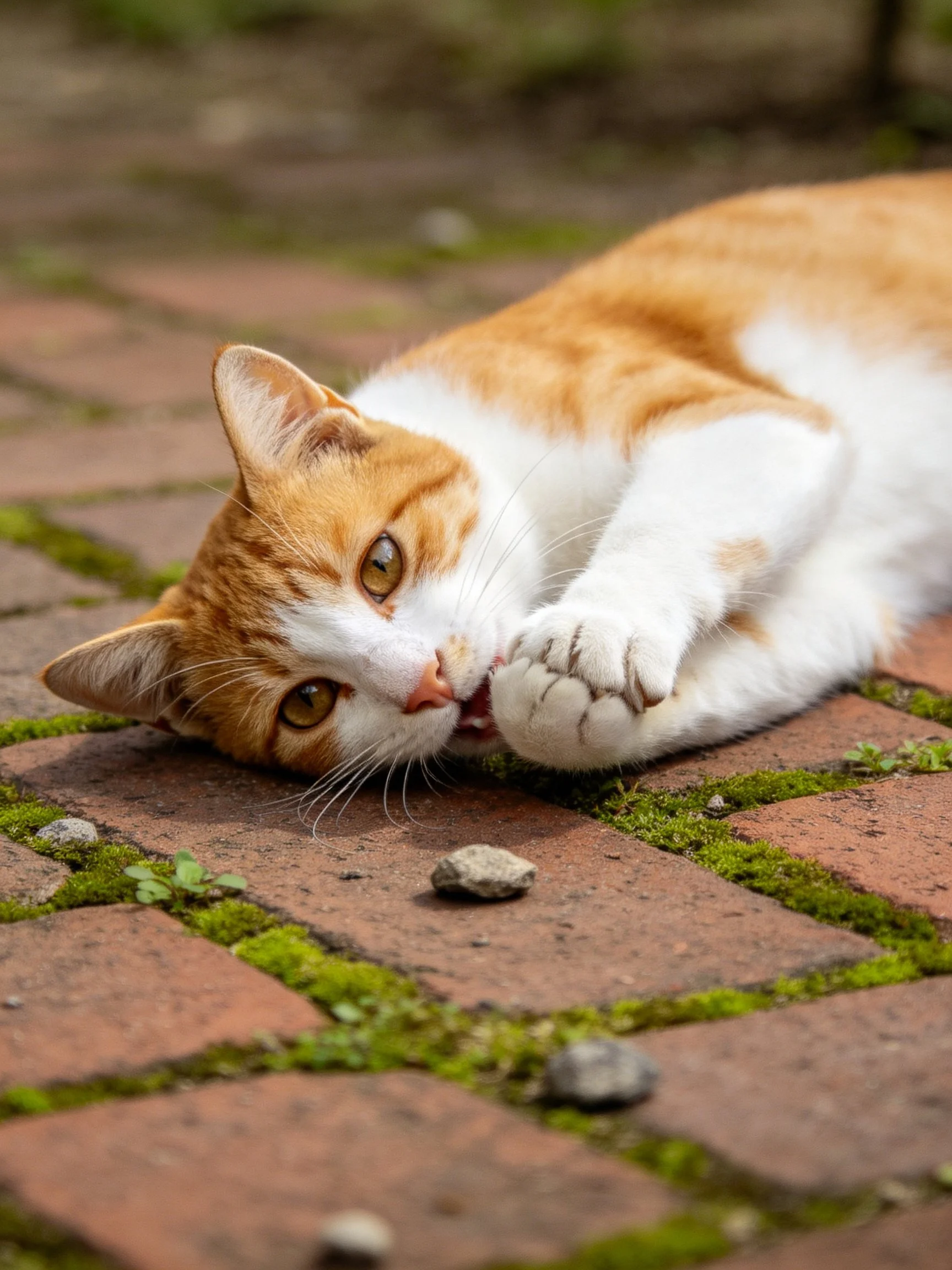 An orange and white cat rests on mossy brick pavement near small stones.