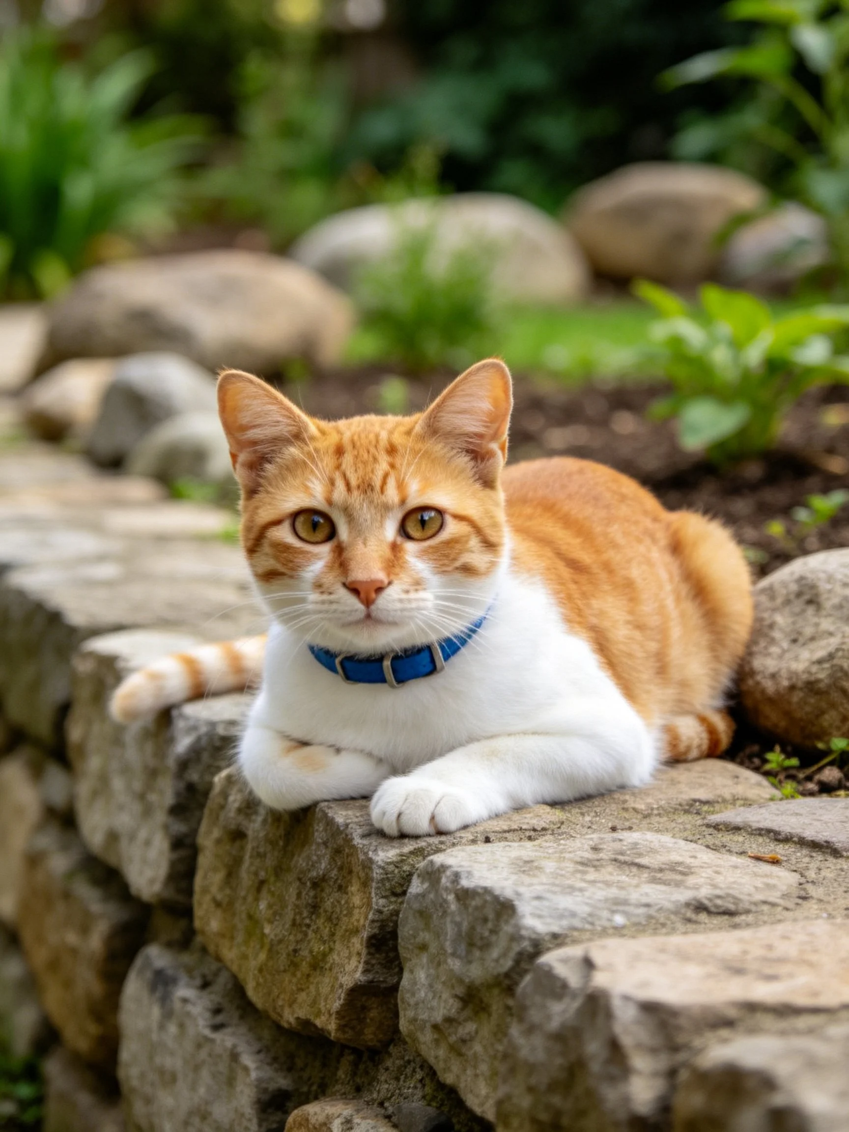 An orange and white cat relaxes on a stone wall in a garden.