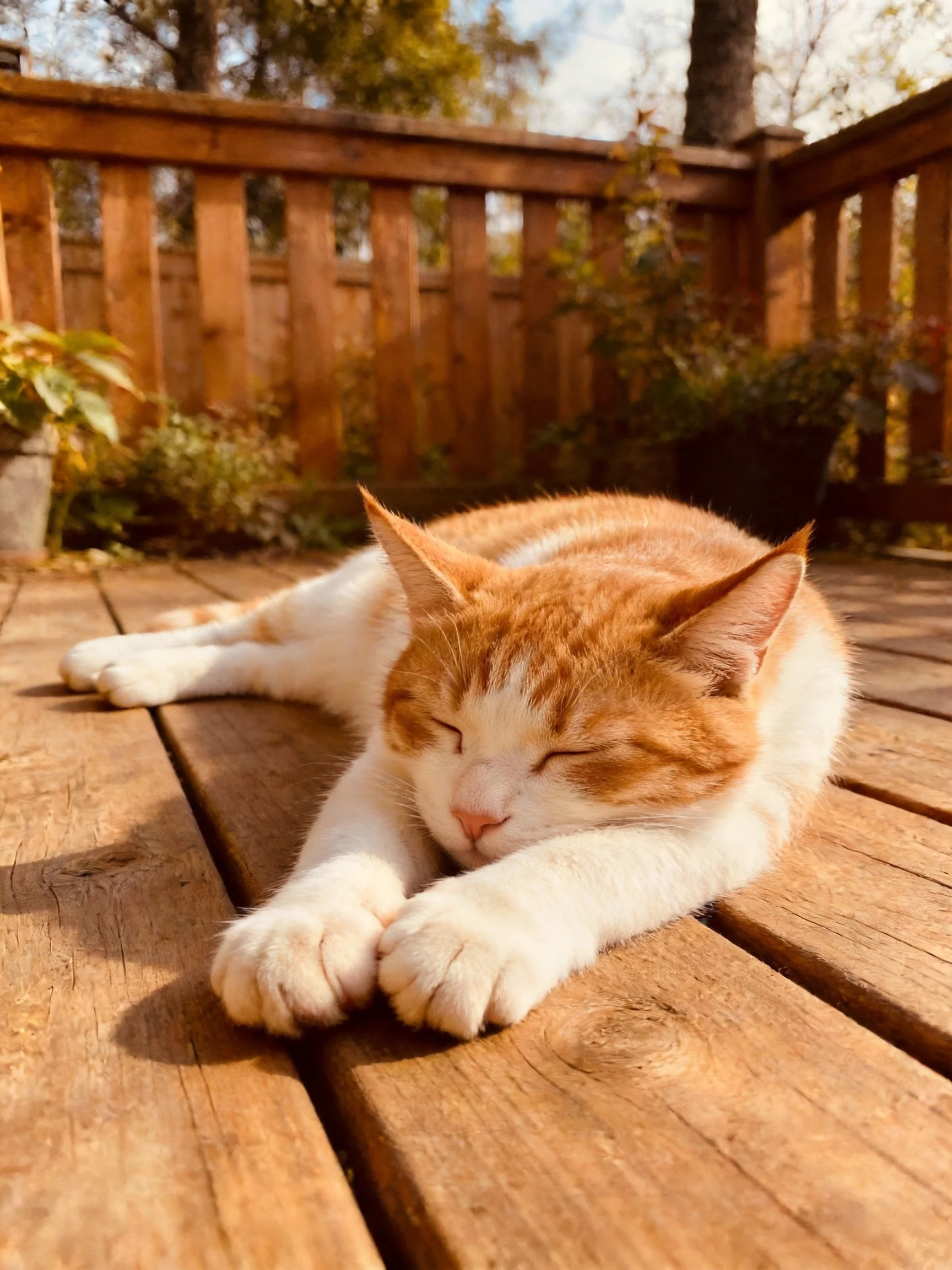 An orange and white cat rests on a wooden deck in bright sunlight.