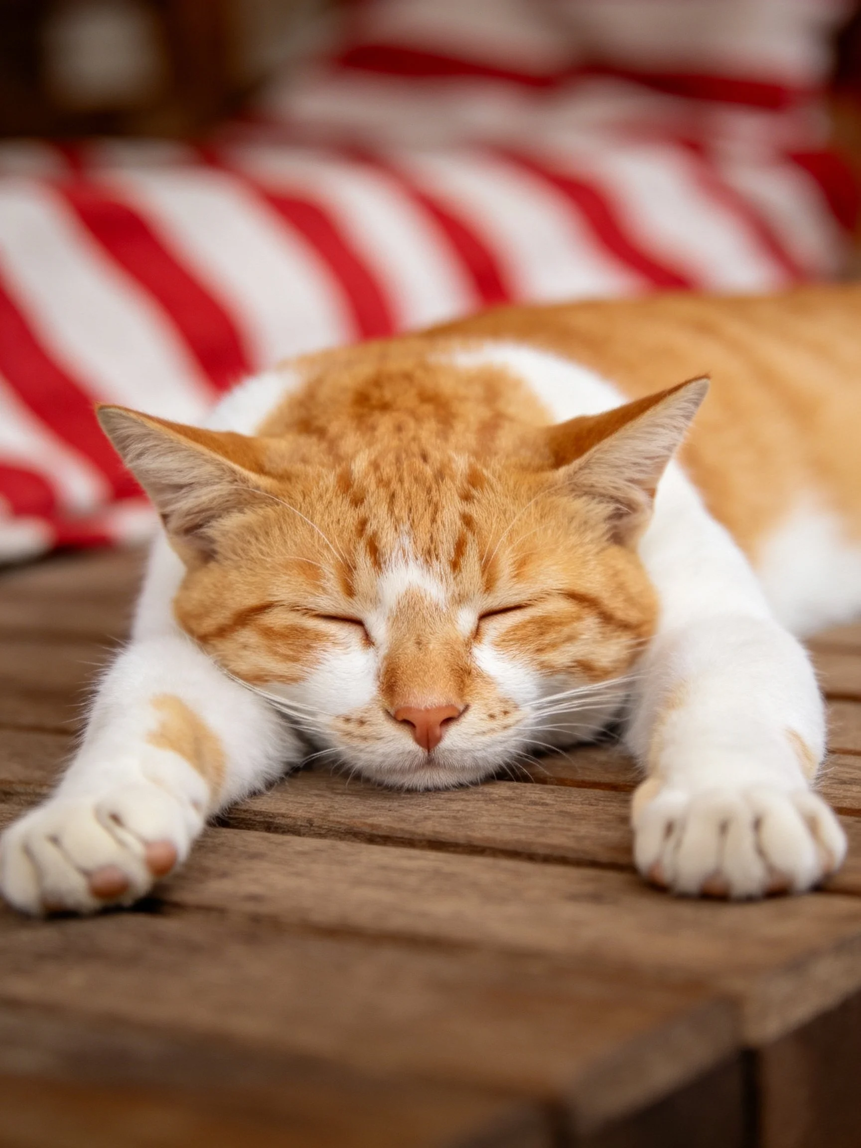 An orange and white cat sleeps on a wooden surface close to a red-and-white striped cushion.