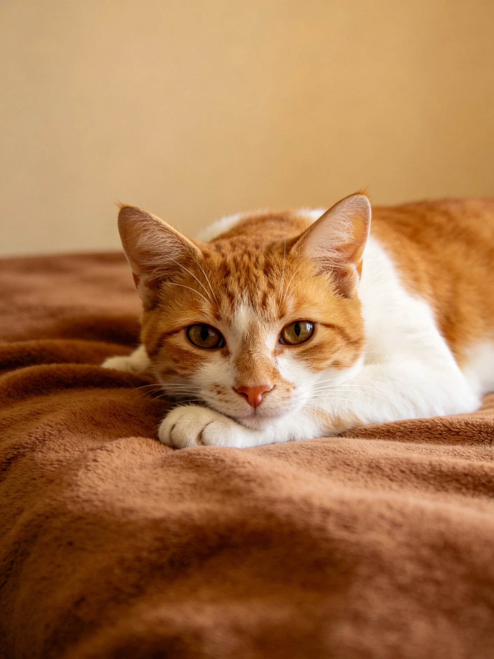 An orange and white cat relaxes on a brown blanket.