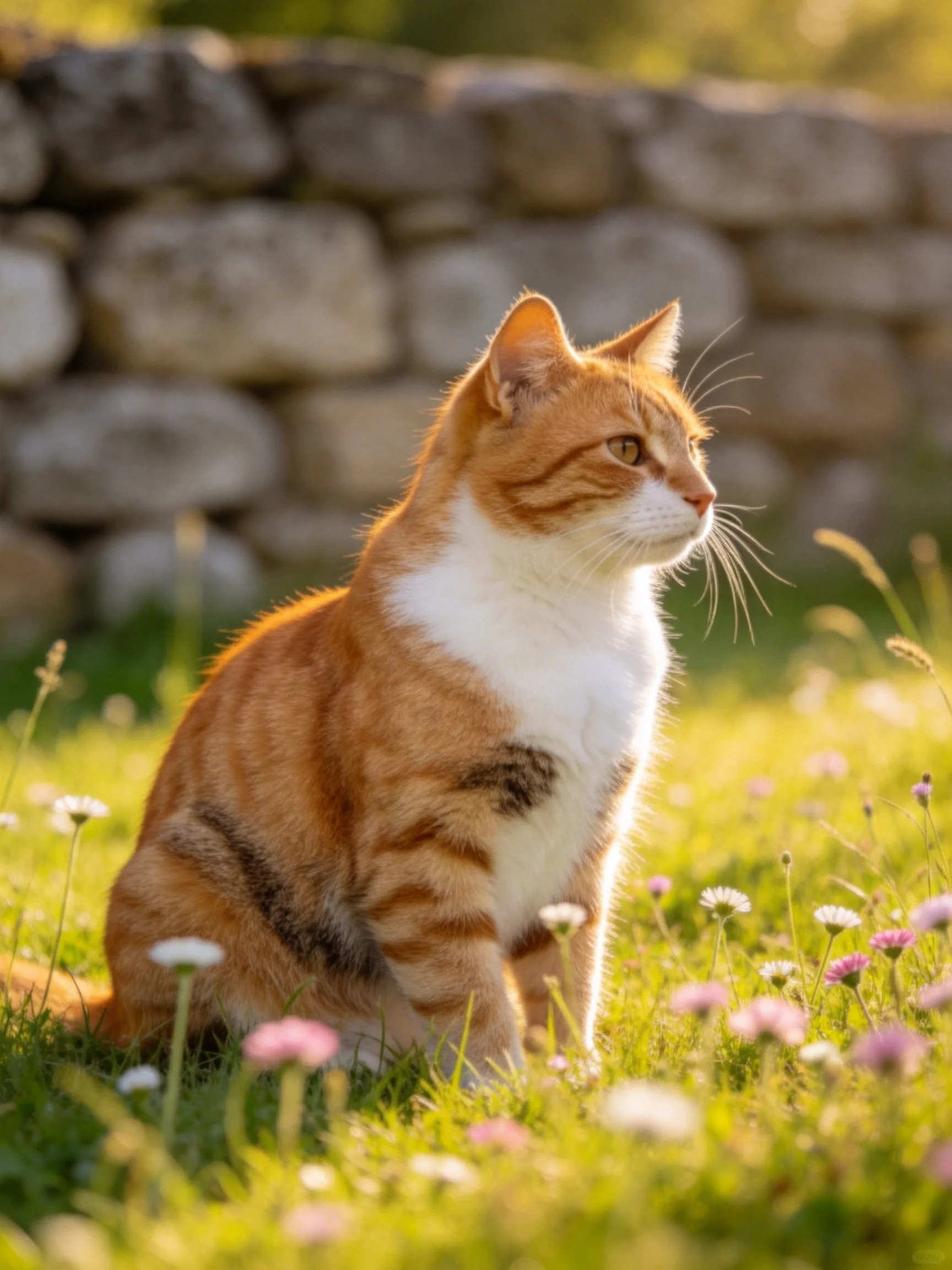 Orange and white cat sits among wildflowers near a stone wall