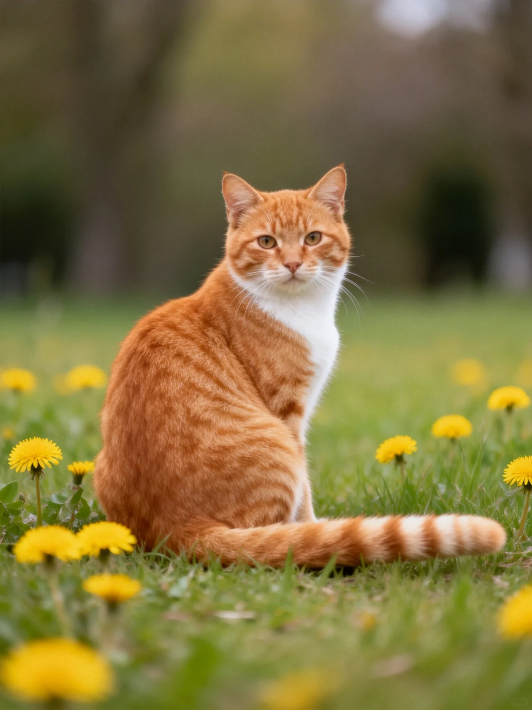 Orange and white cat sits among yellow dandelions in grassy field