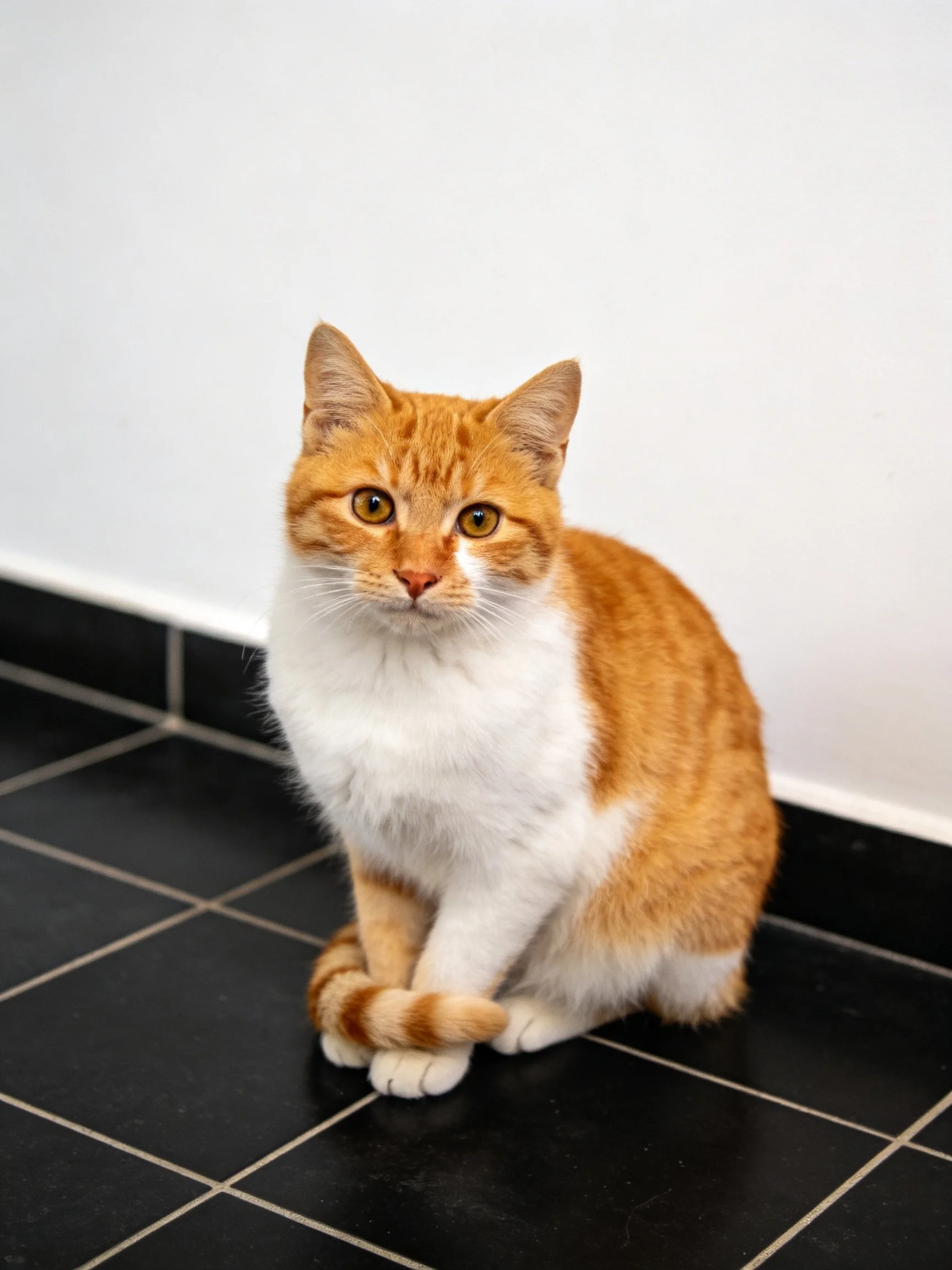 An orange and white cat sits on black tile flooring beside a white wall.