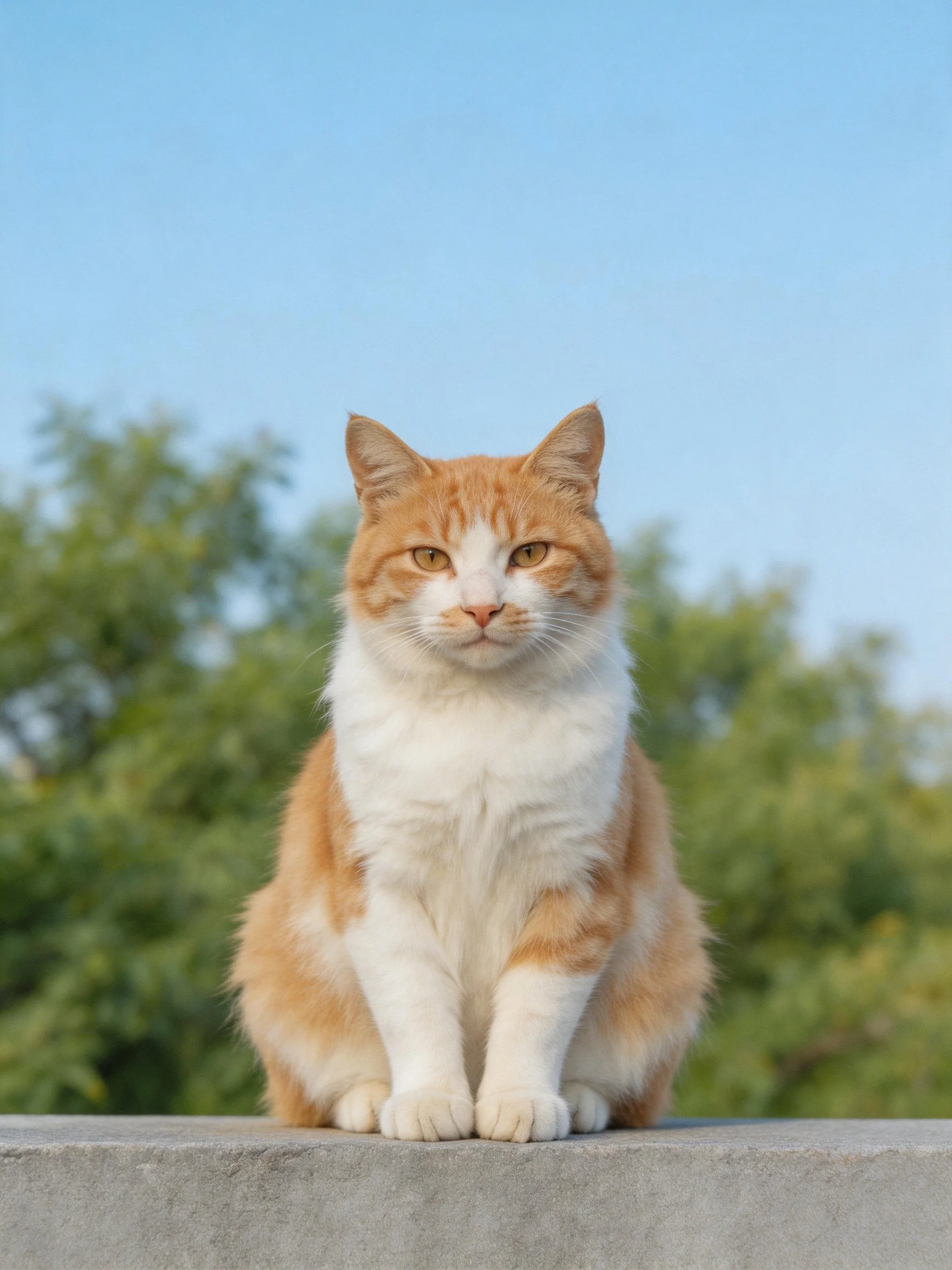 Orange and white cat sits on concrete ledge amid green foliage and blue sky