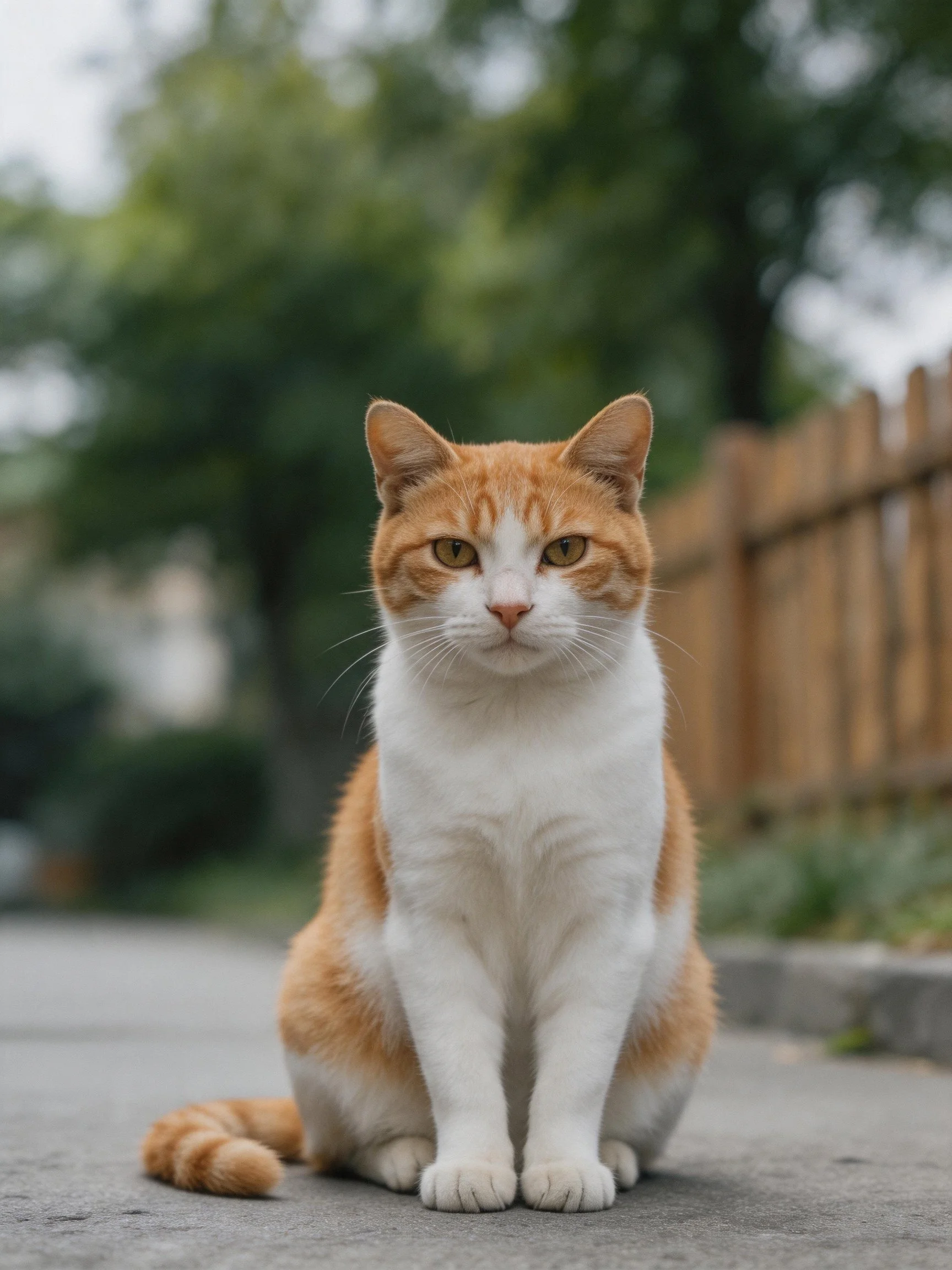 Orange and white cat sits on concrete path beside wooden fence