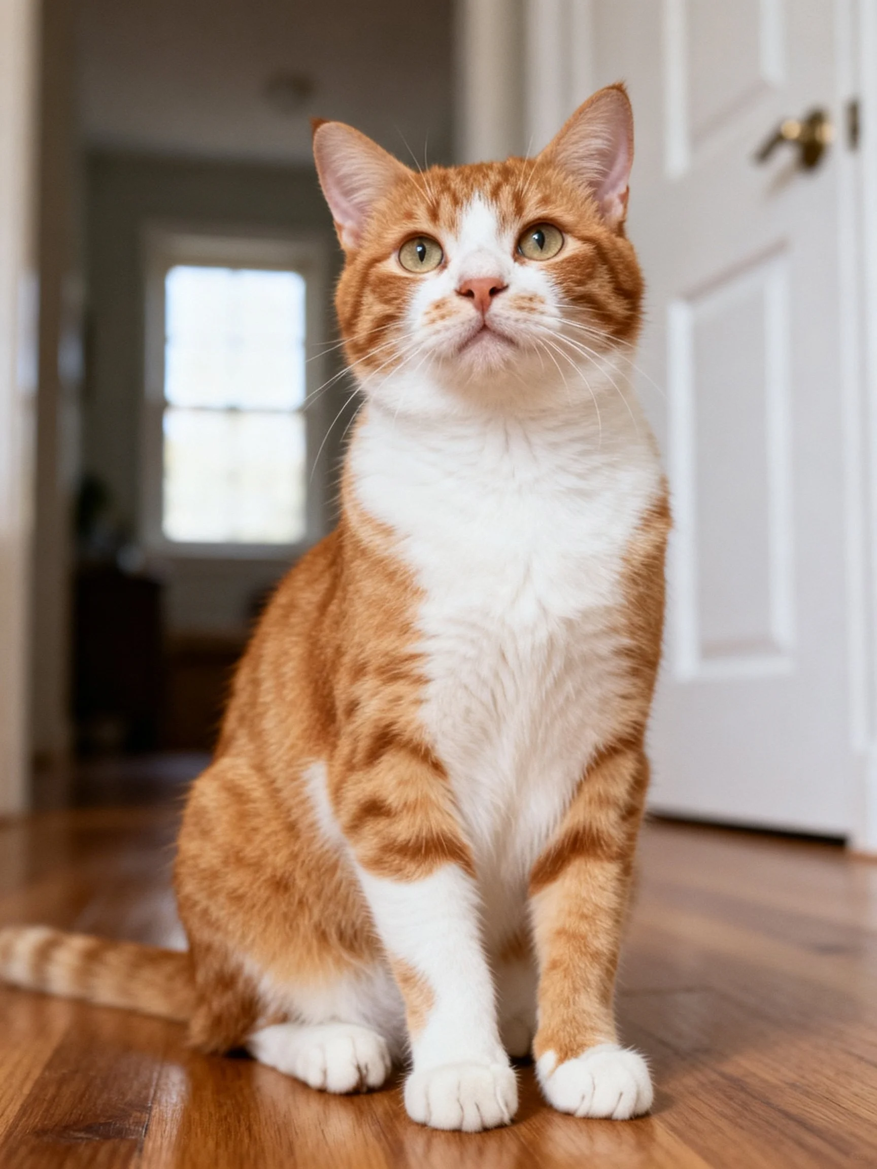 Orange and white cat sits on wooden flooring near a door
