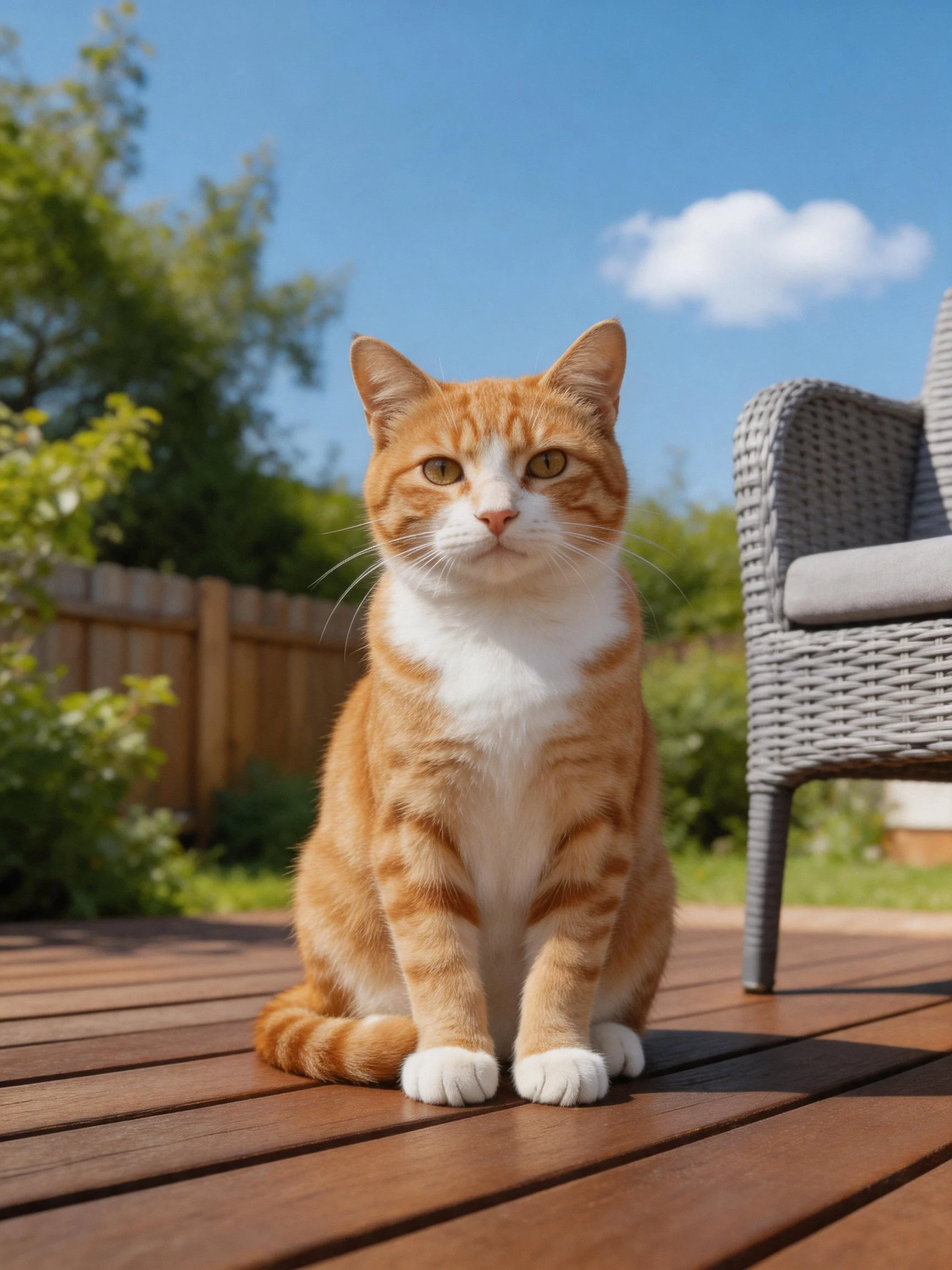 An orange and white cat sitscalmly on a sunny wooden patio.