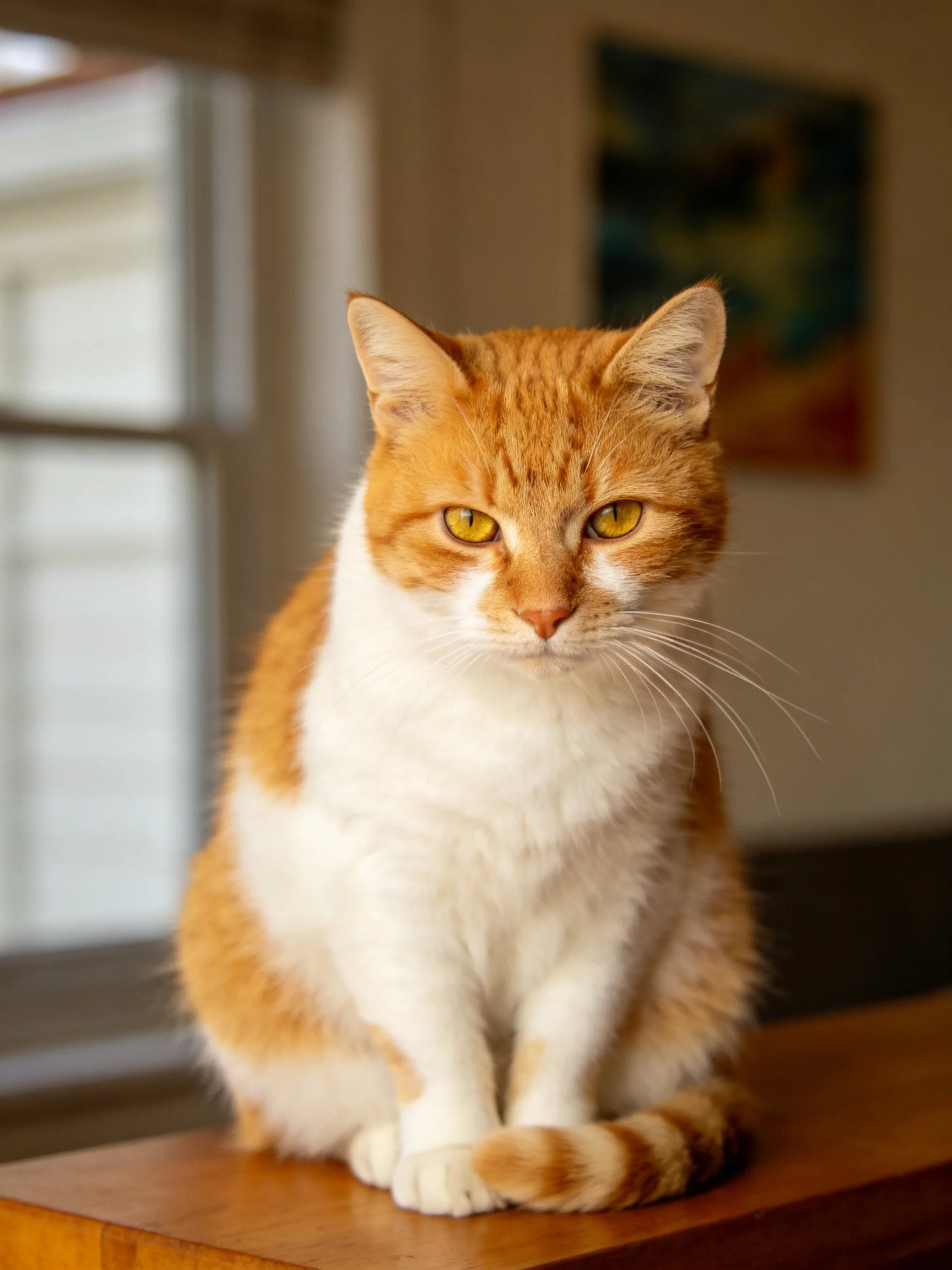 Orange and white cat sitson wooden furniture near window