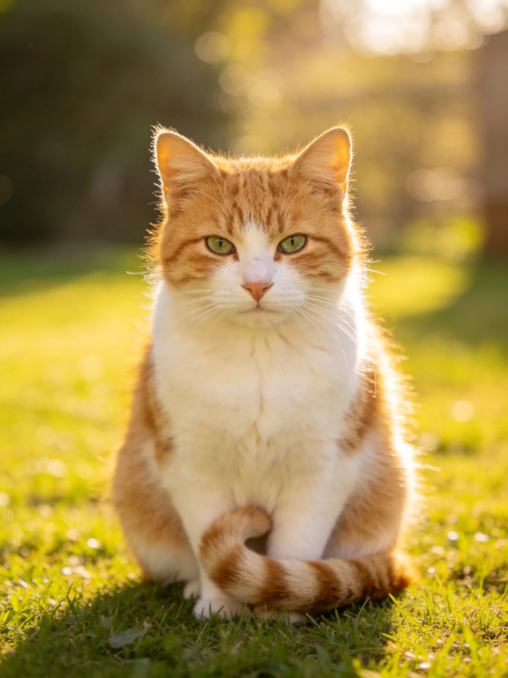 An orange and white cat sits quietly on grass in bright sunlight