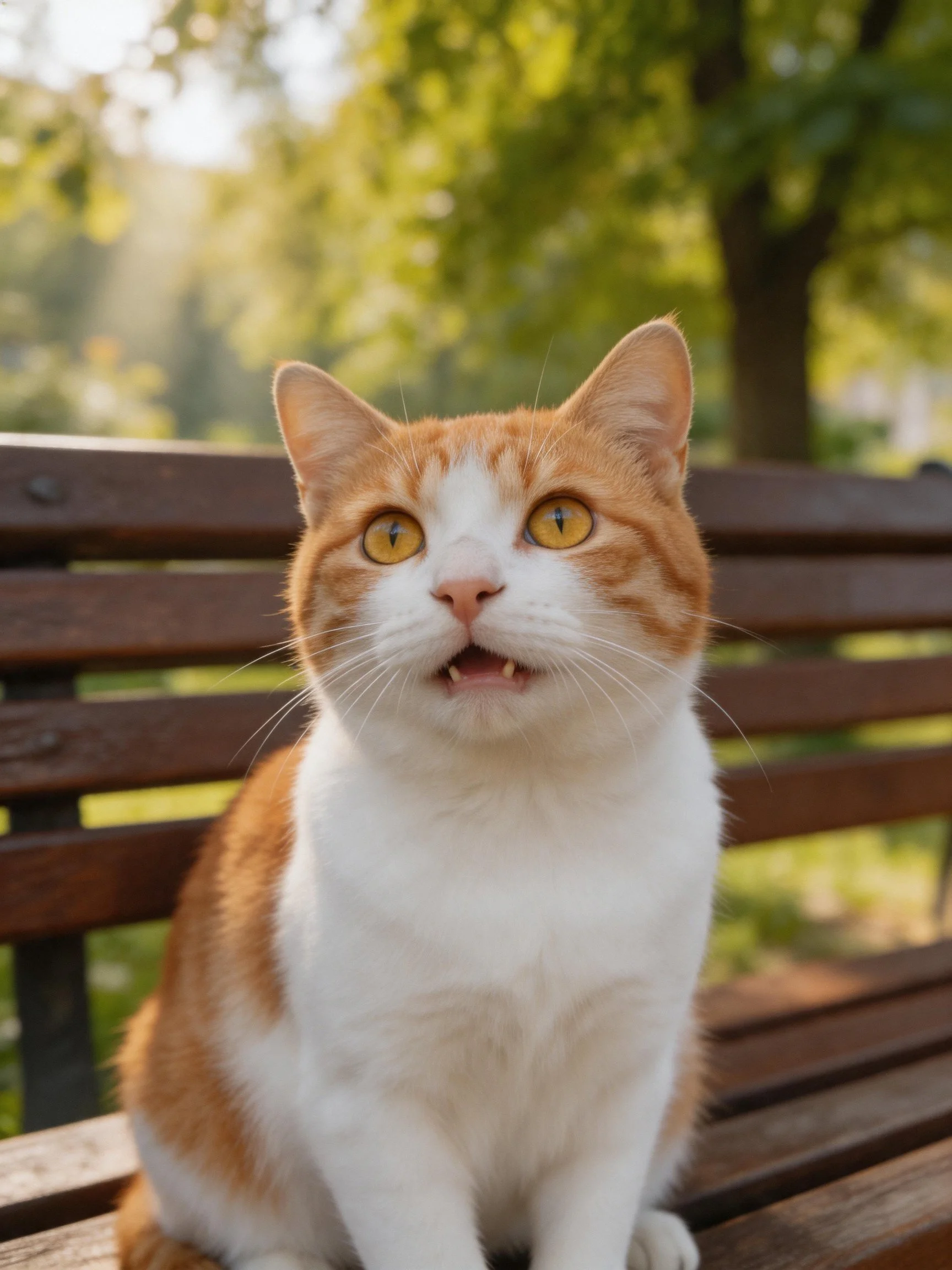 An orange and white cat sits on a wooden bench in a sunlit park.