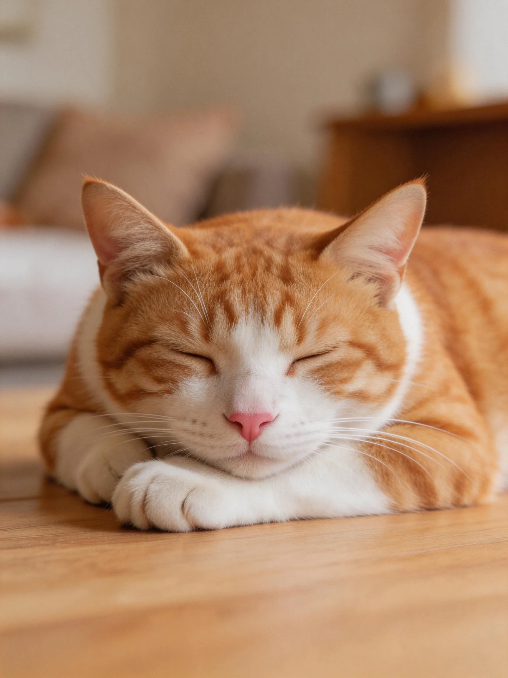 Orange and white cat sleeping on a wooden surface