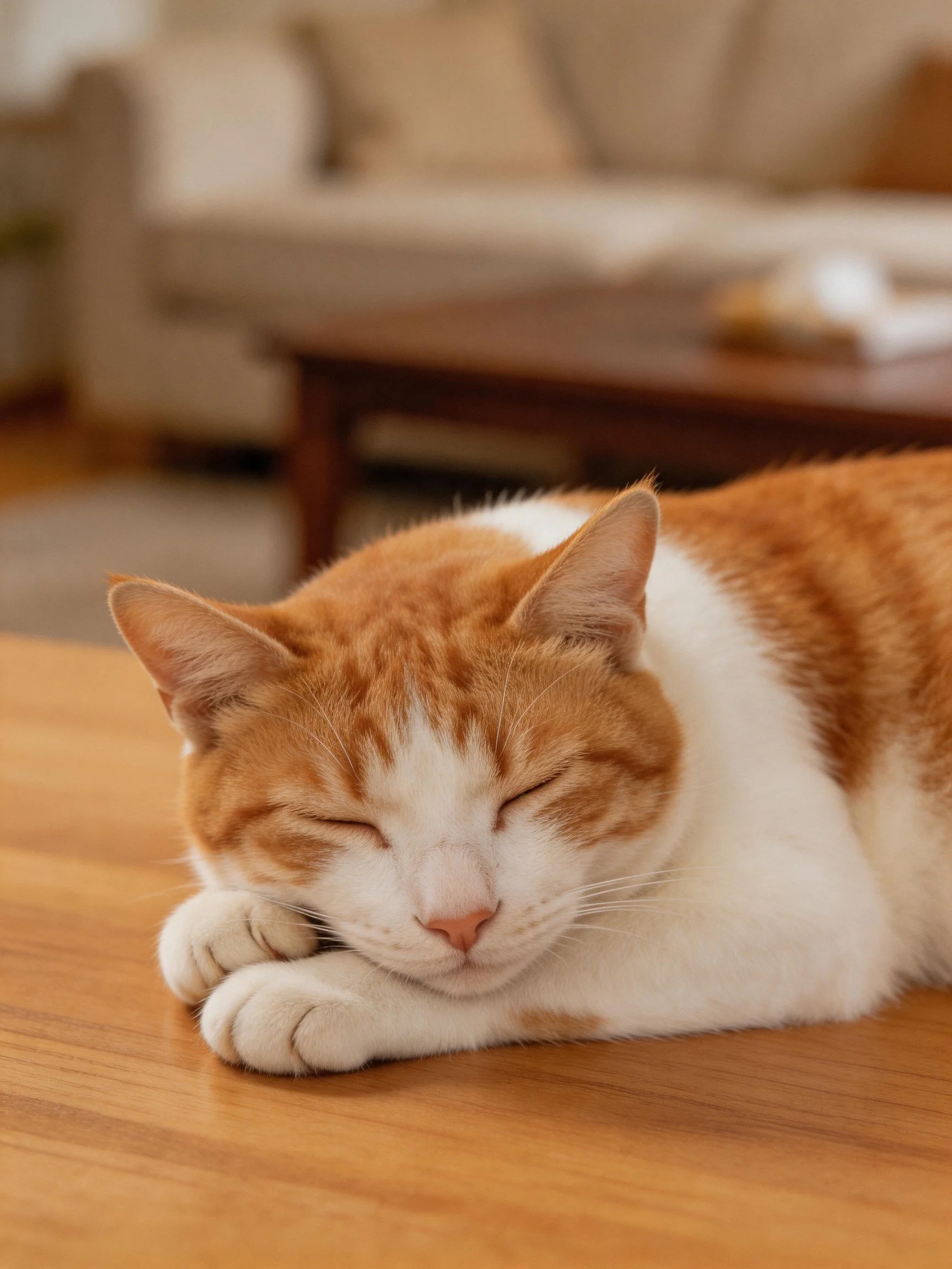 Orange and white cat sleeping on a wooden table in a cozy living room