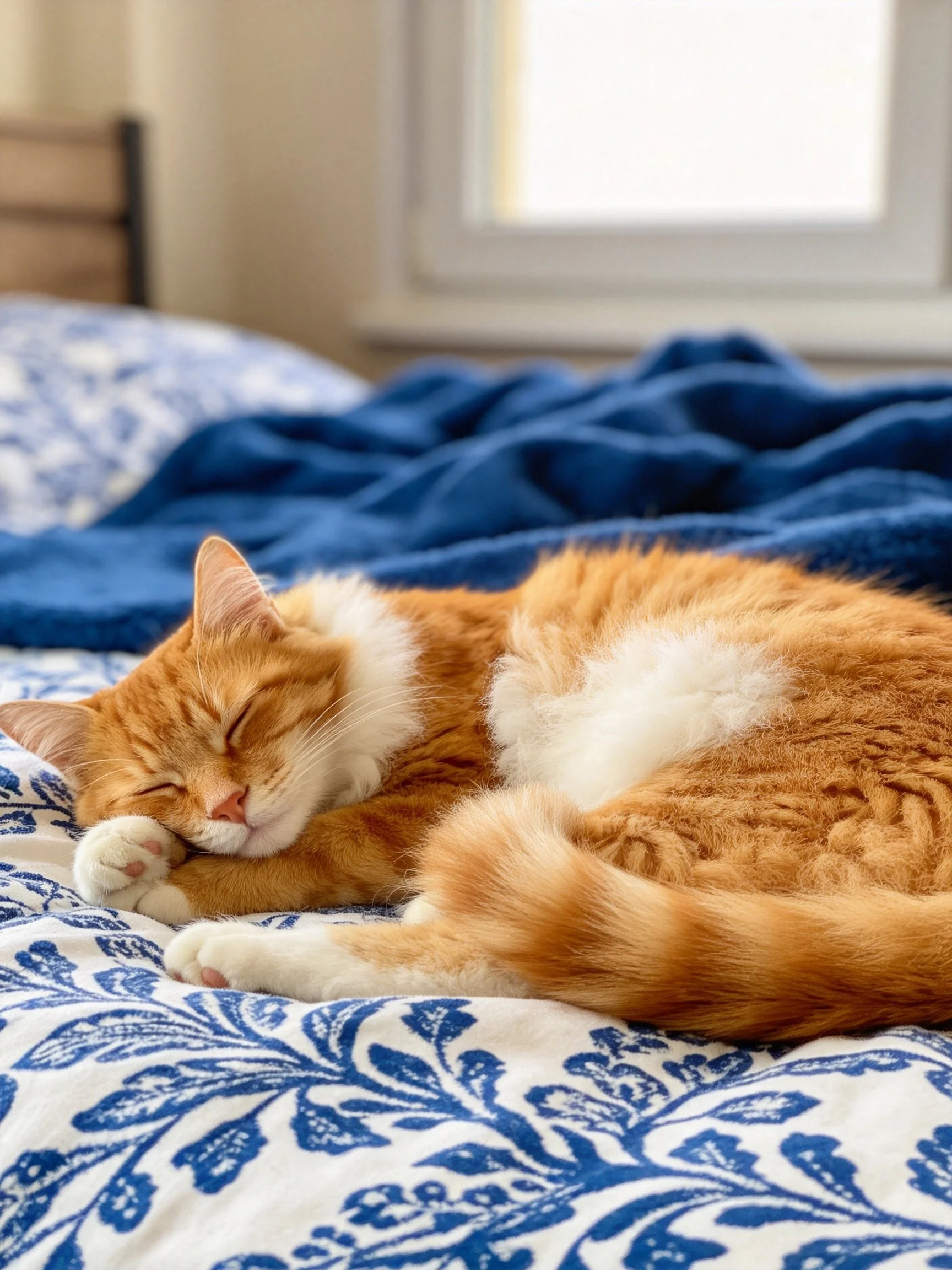 Orange and white cat sleeps on a bed with blue-patterned bedding.