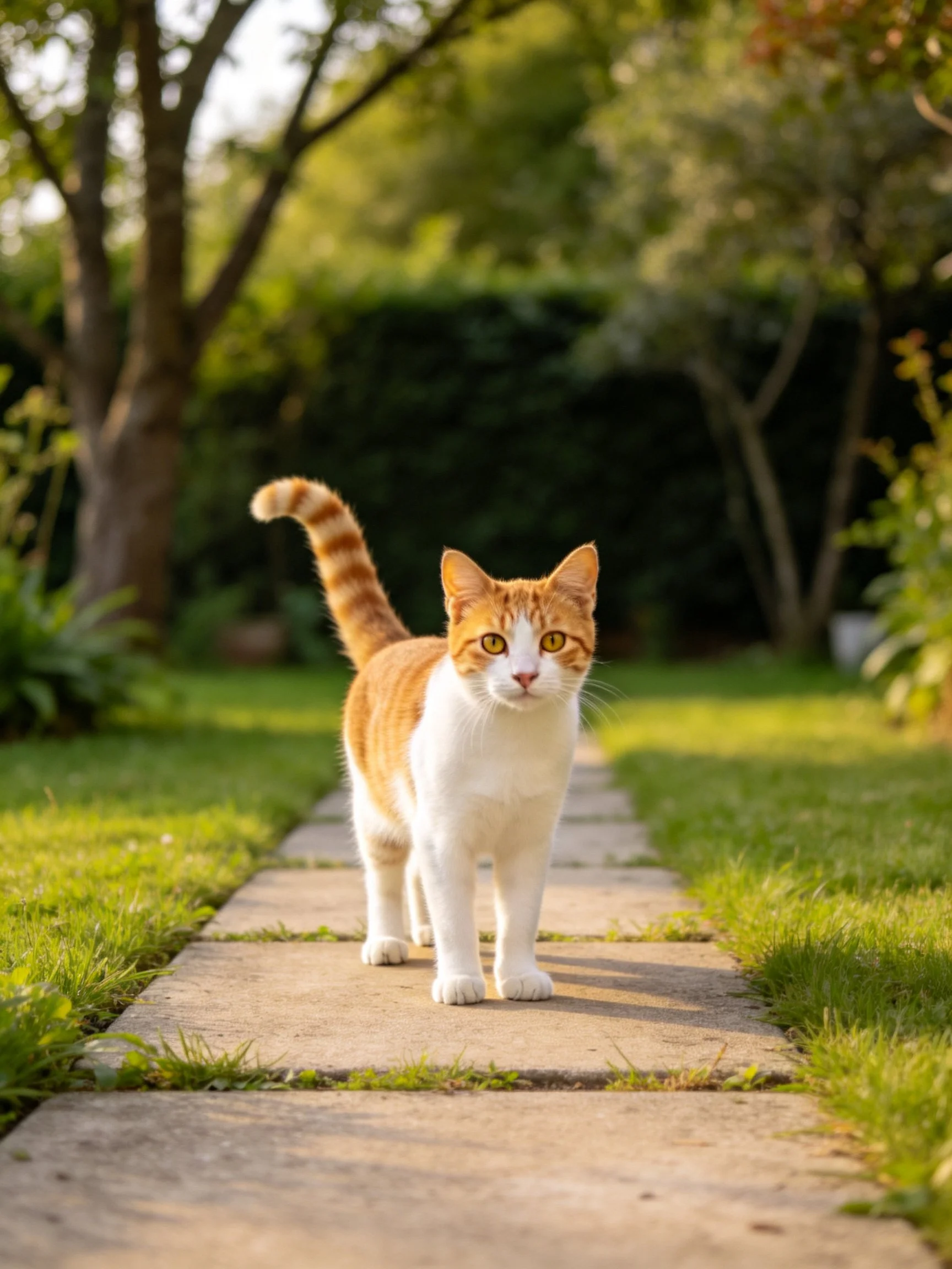 Orange and white cat walking on stone path in sunlit garden