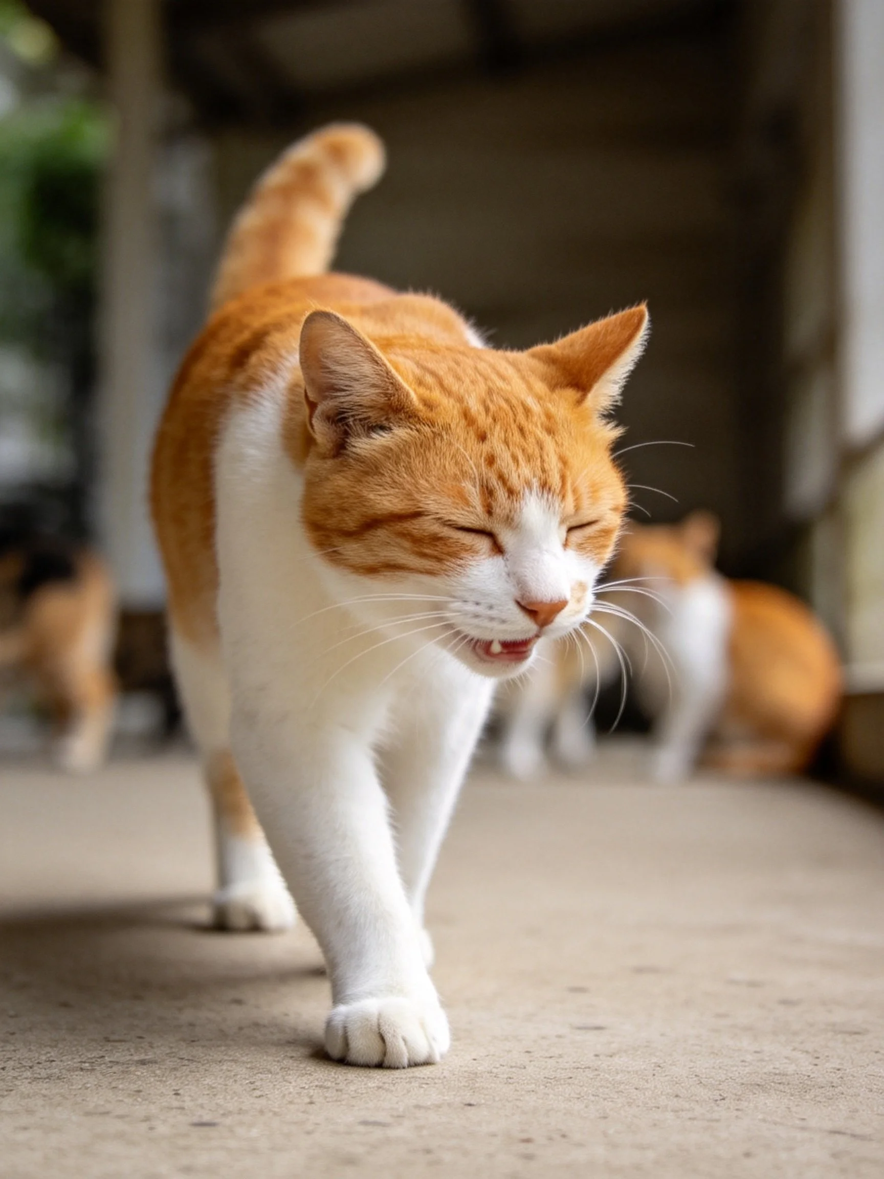 An orange and white cat walks forward while other cats are in the background.